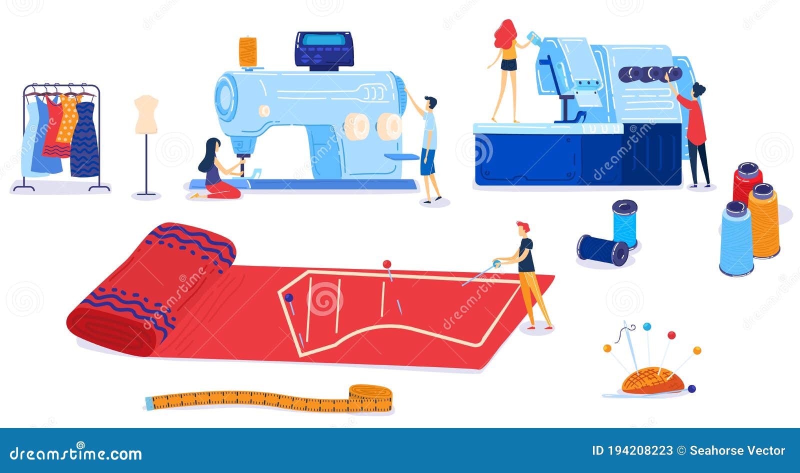 Textile Industry Vector Illustration Set, Cartoon Flat Tiny Tailor