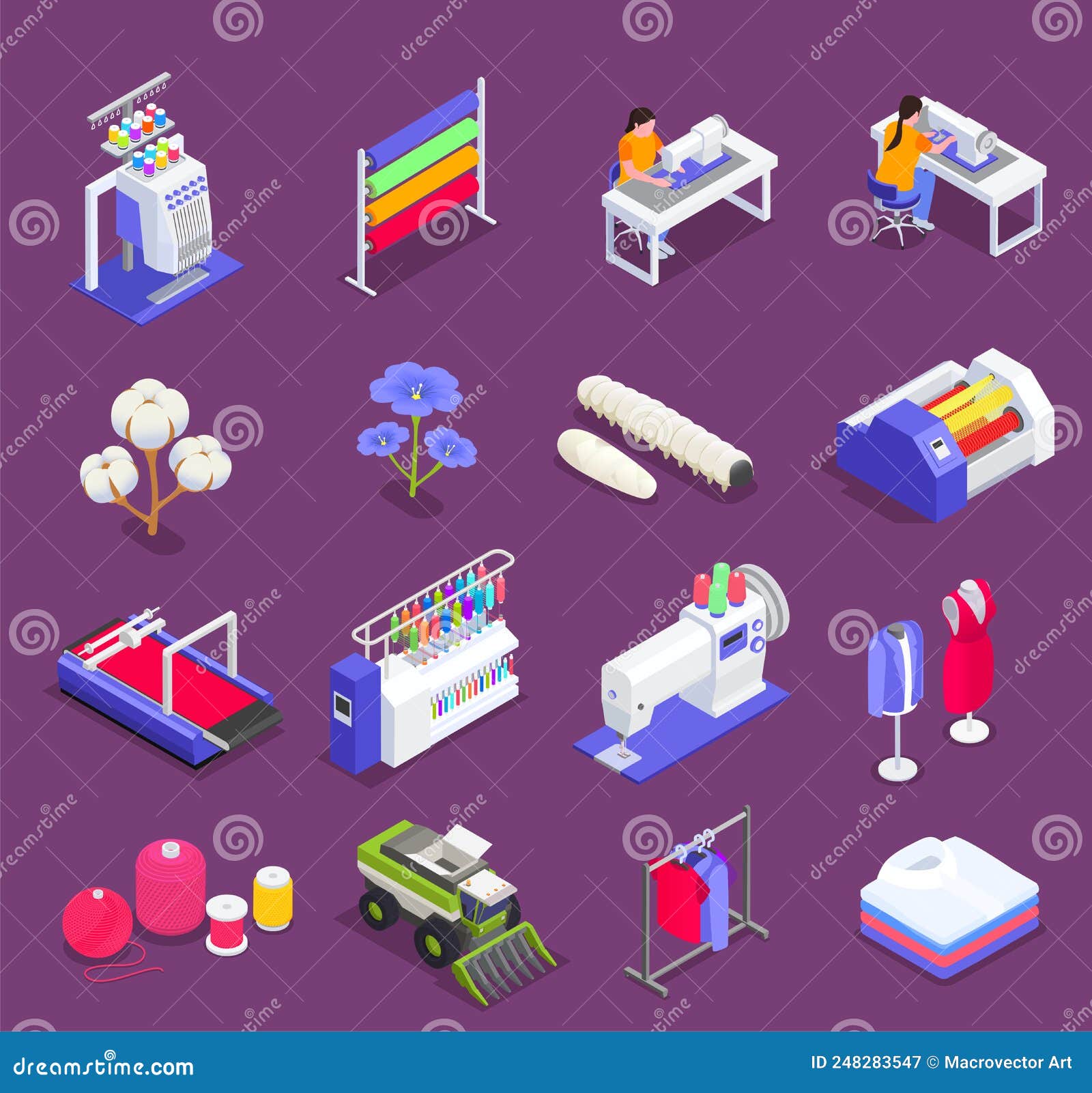 Textile Mill Spinning Industry Isometric Composition With View Of Production Stages With Human