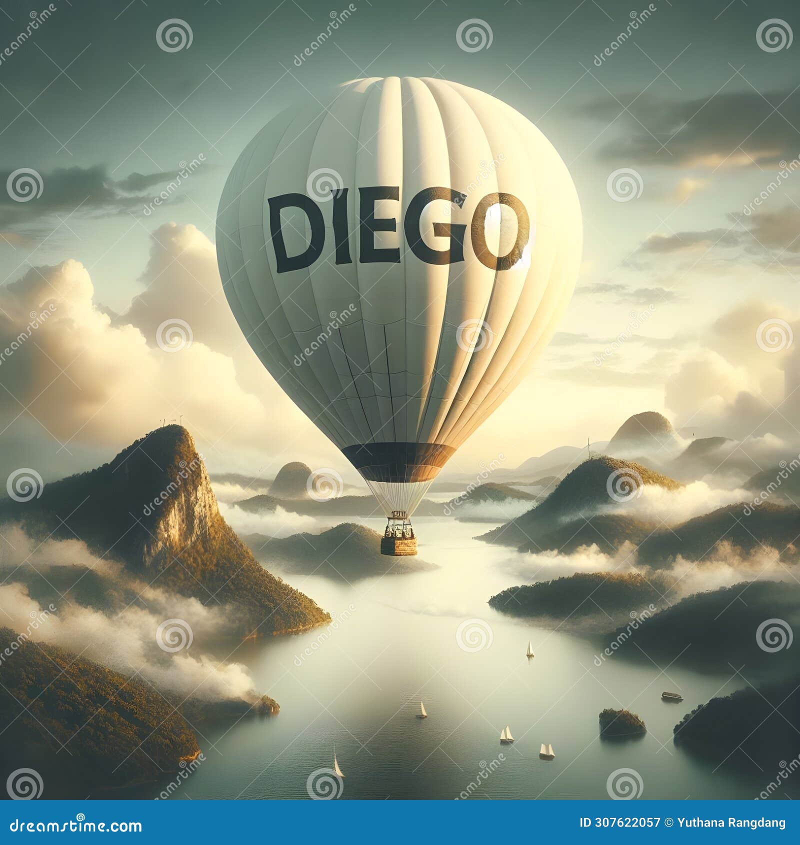 texto name diego watercolor of a off white hot air balloon.