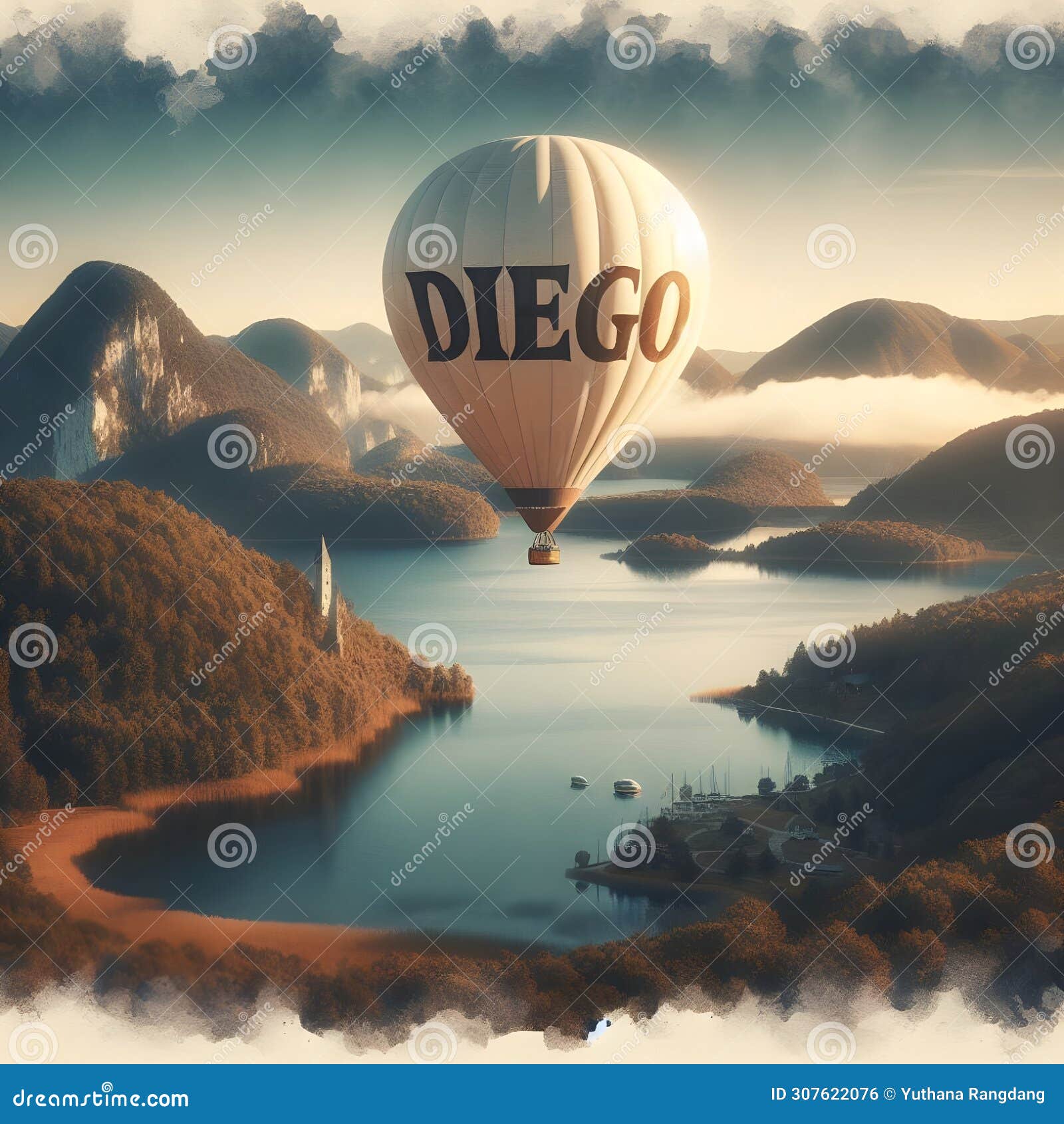 texto name diego watercolor of a off white hot air balloon.
