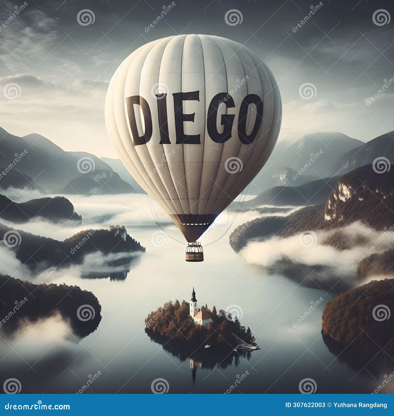 texto name diego watercolor of a off white hot air balloon.