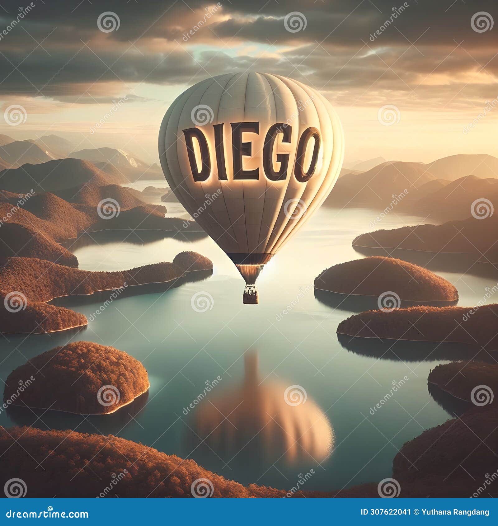 texto name diego watercolor of a off white hot air balloon.