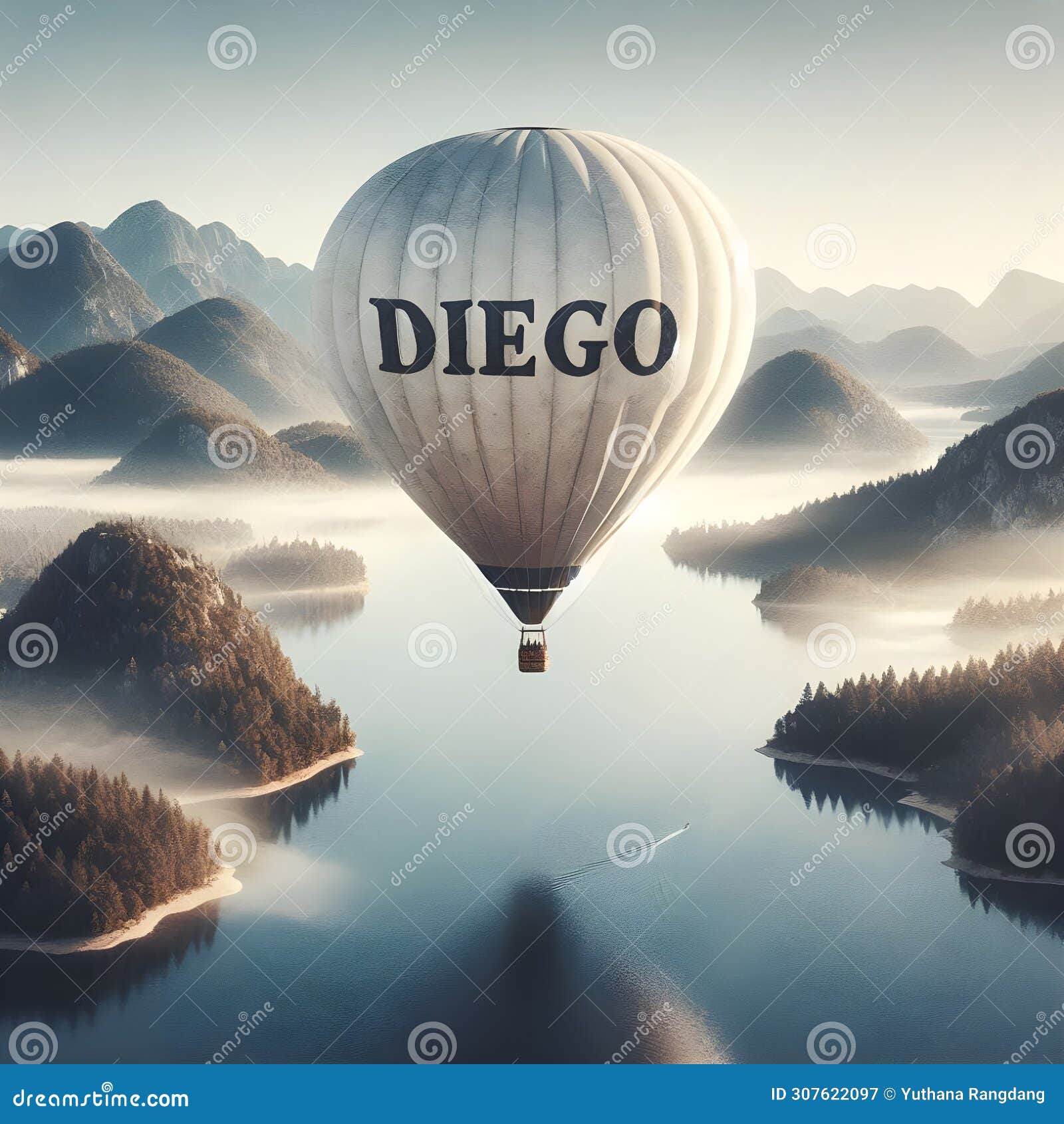 texto name diego watercolor of a off white hot air balloon.