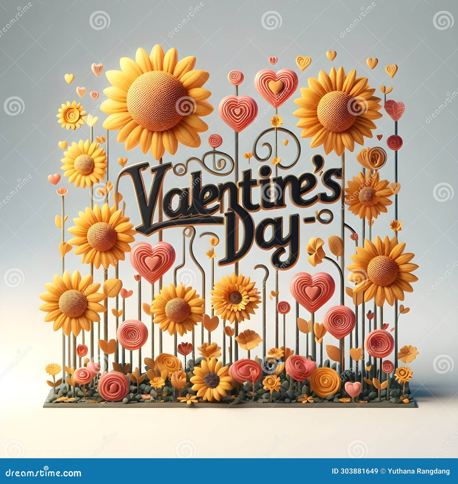 texto valentine's day de girasoles, 3d render, typography