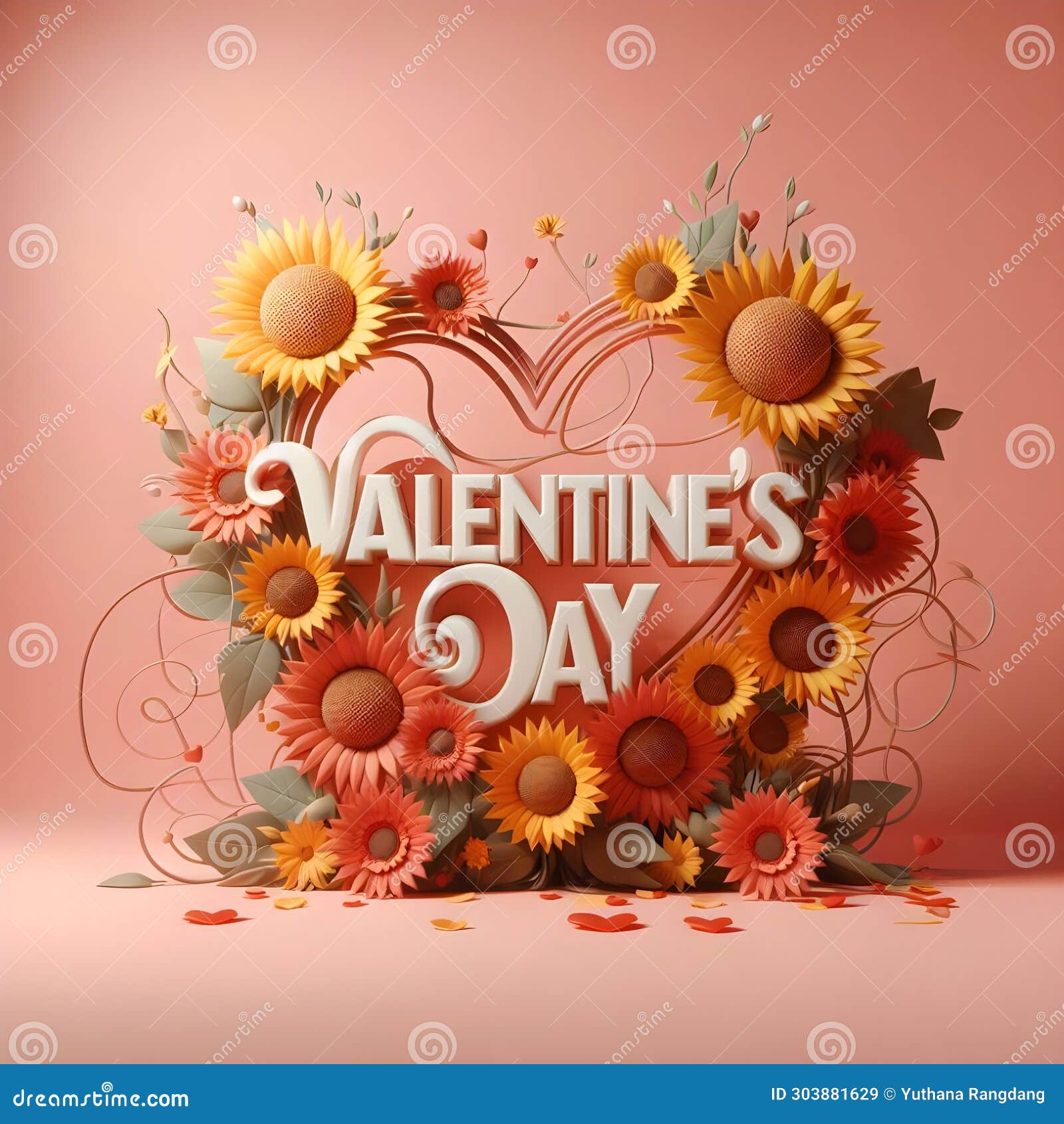 texto valentine's day de girasoles, 3d render, typography