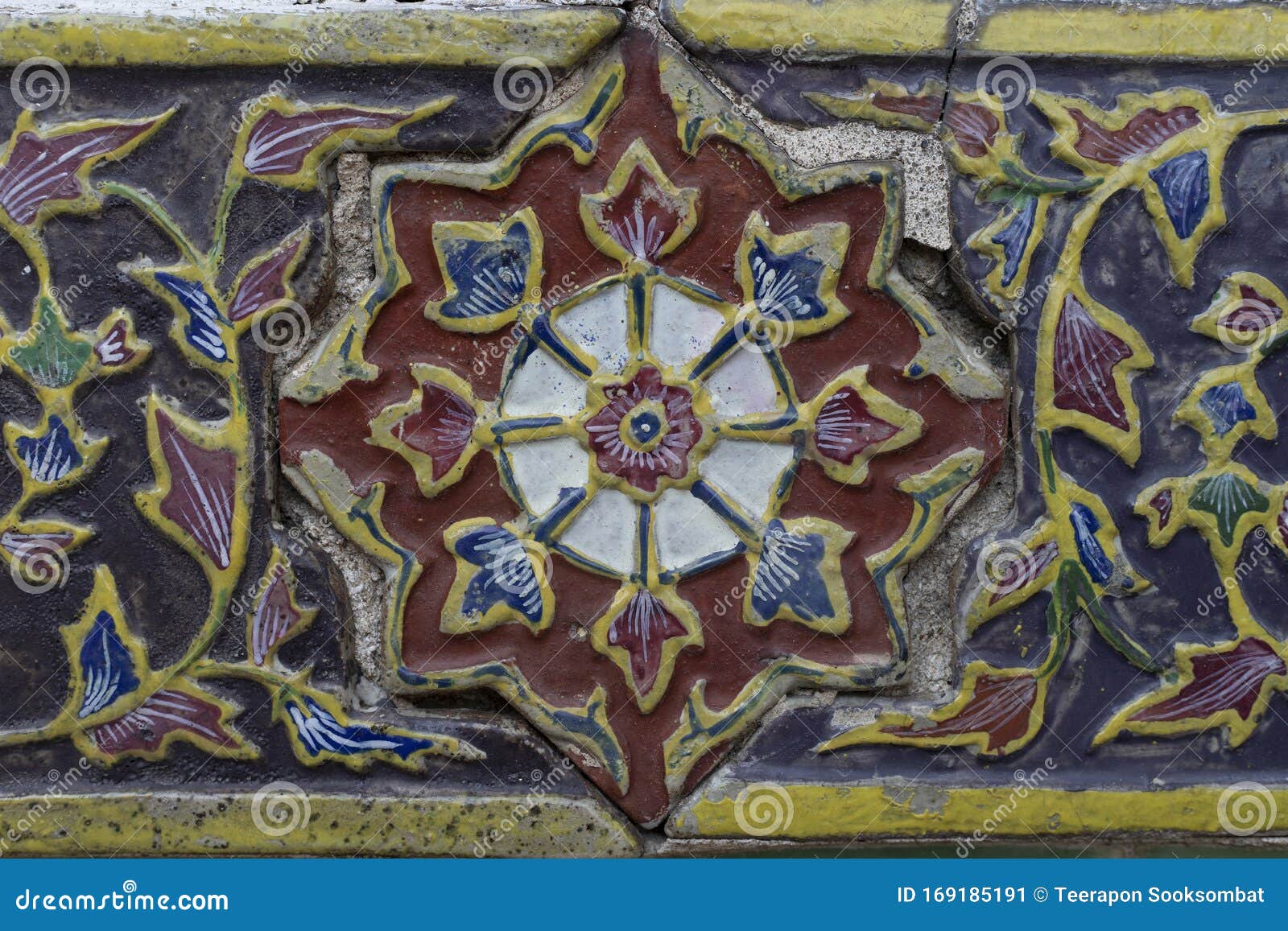 Texture of Ancient Ceramic Tile Decorated with Thai Art Stock Image