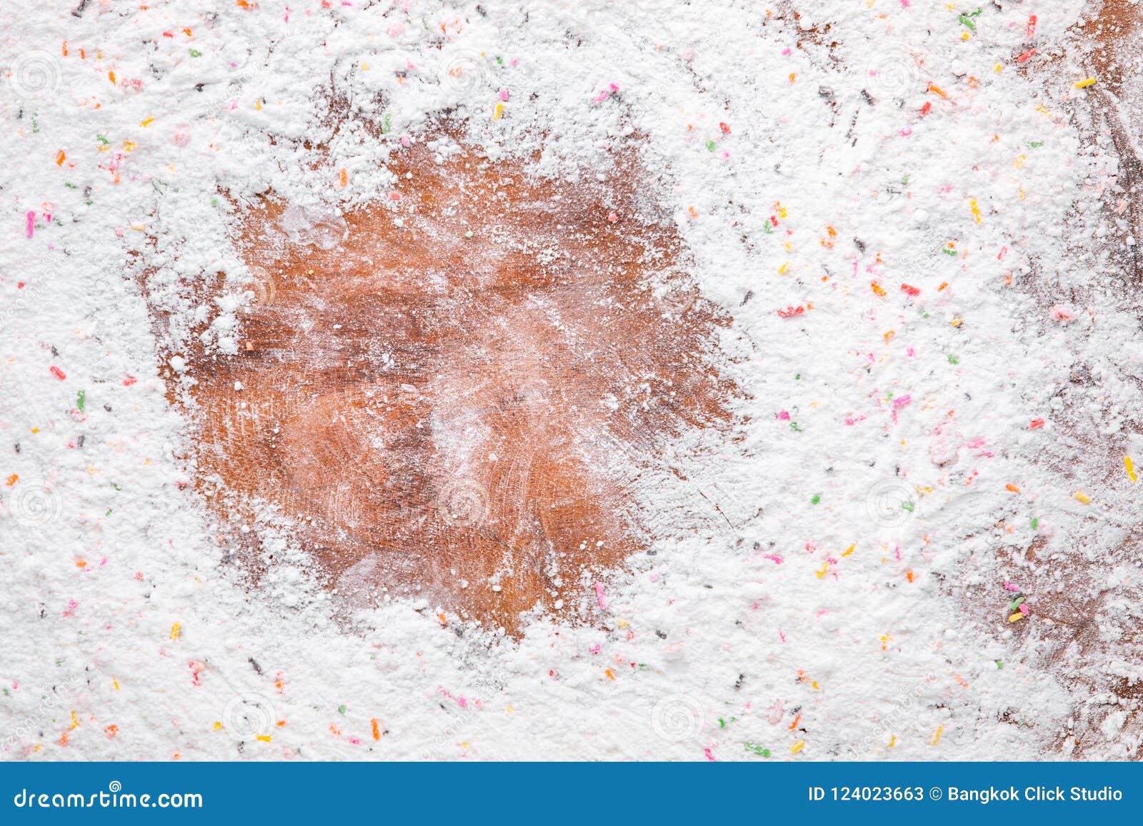 texture details of cake flour on wood plate, studio shot background, concept for food and bakery ingredient.