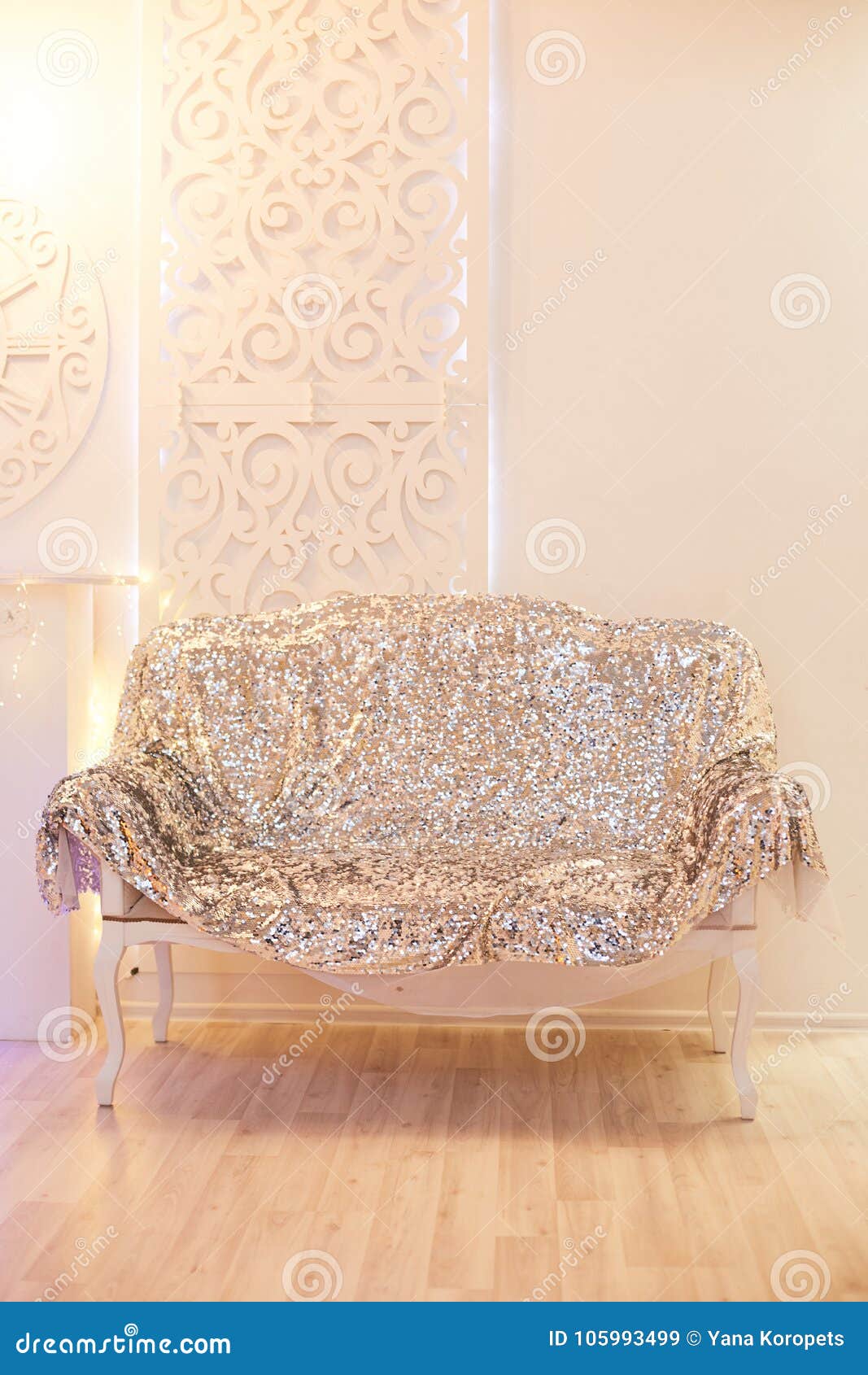 Texture Glitter Sequins Silver Sofa. Beautiful Rich Interior Stock