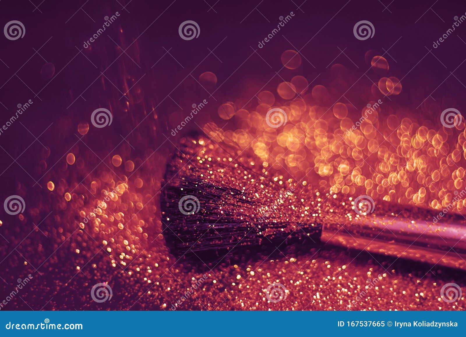 Texture of Gold Glitter on the Makeup Brush and Design. Selective Focus