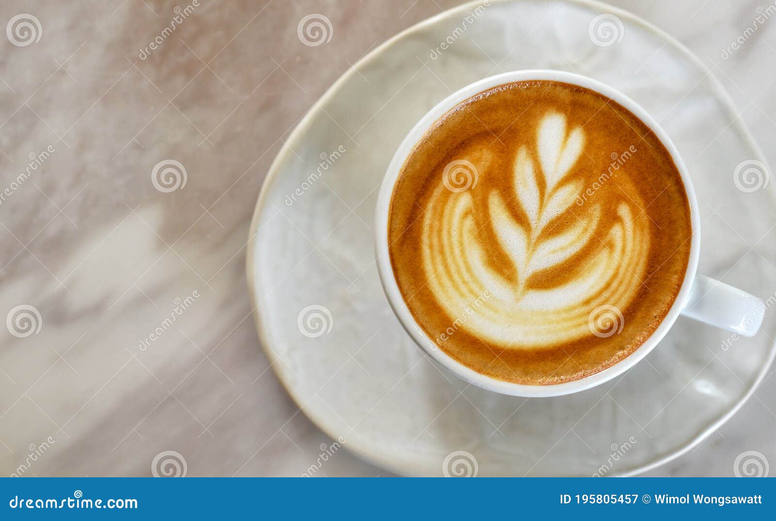 Texture of Latte Art, Top View White Coffee Cup on Marble Table. Stock