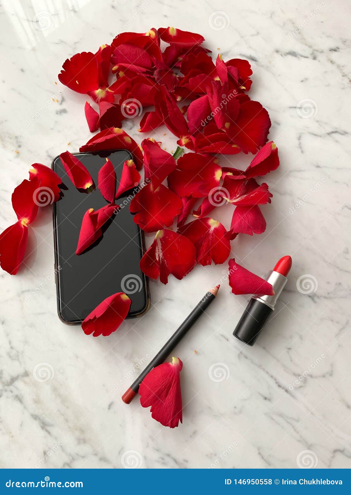 Smartphone in Iphone Style Black Color with Red Rose Petals and Red Lipstick  on Marble Tabletop Background, Top View Stock Photo - Image of aroma,  fresh: 146950558