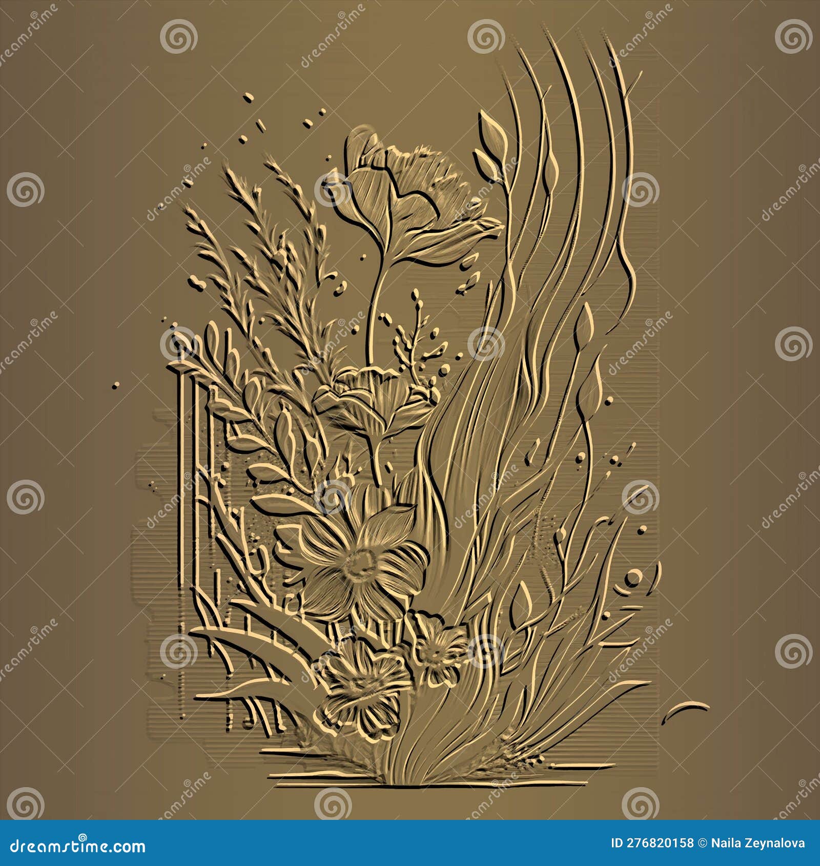 Textured Emboss 3d Flowers Line Art Pattern. Floral Embossed Tropical