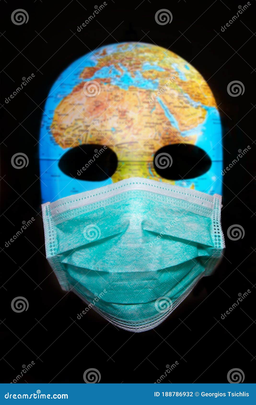 textured mask with map  wearing surgical mask. concept for corona virus pandemia