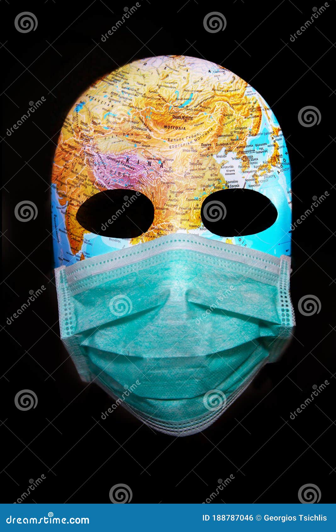 textured mask with map  wearing surgical mask. concept for corona virus pandemia