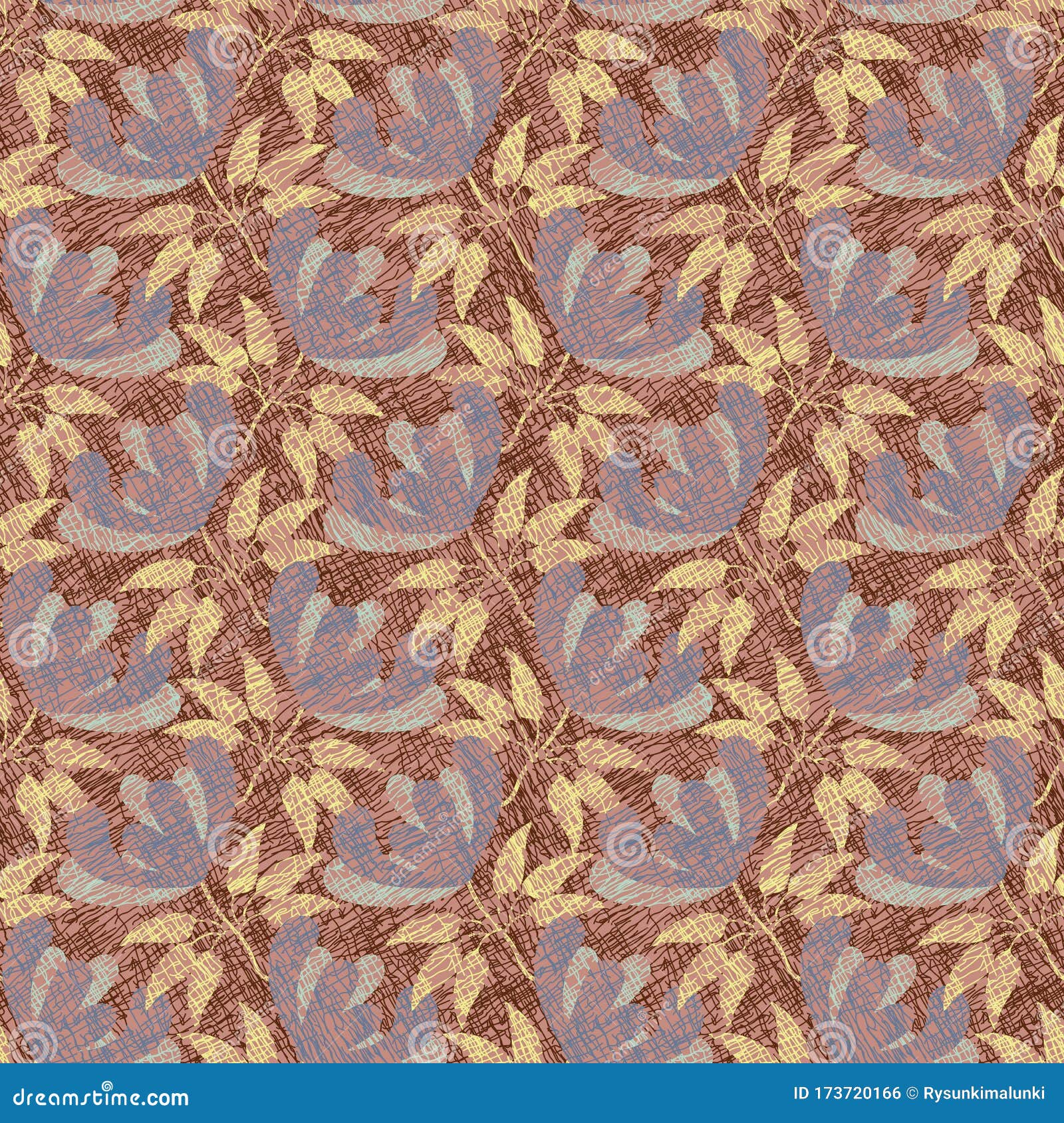 textured muted blue flowers and yellow leaves on a brown backround surface print 