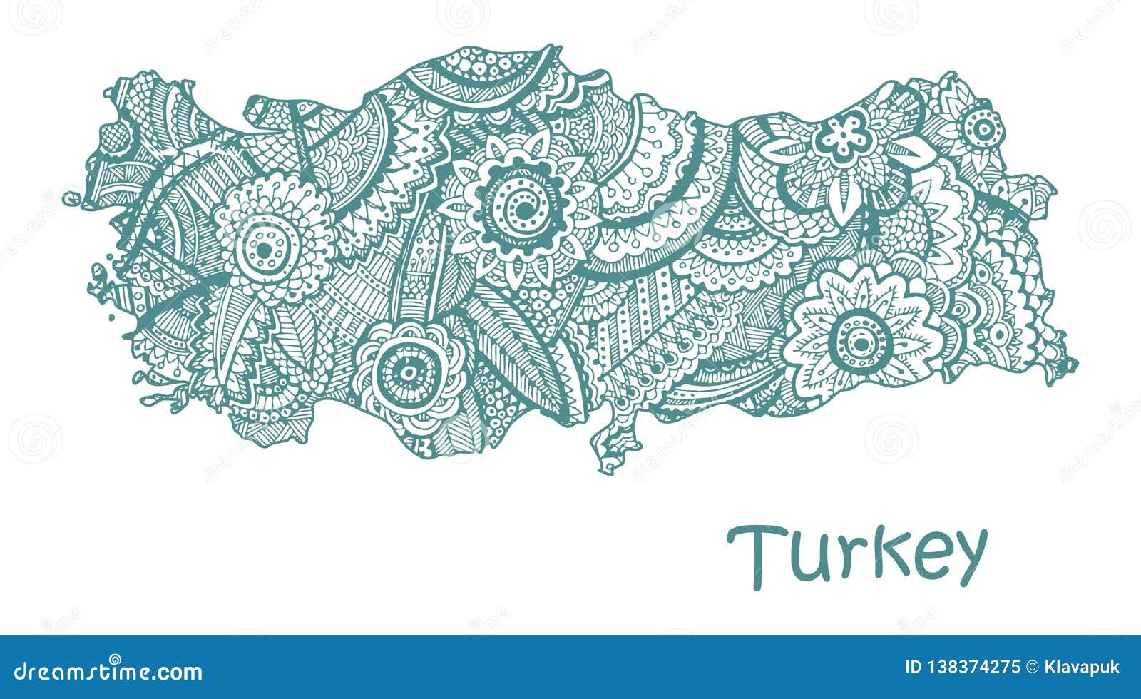 textured  map of turkey. hand drawn ethno pattern, tribal background.