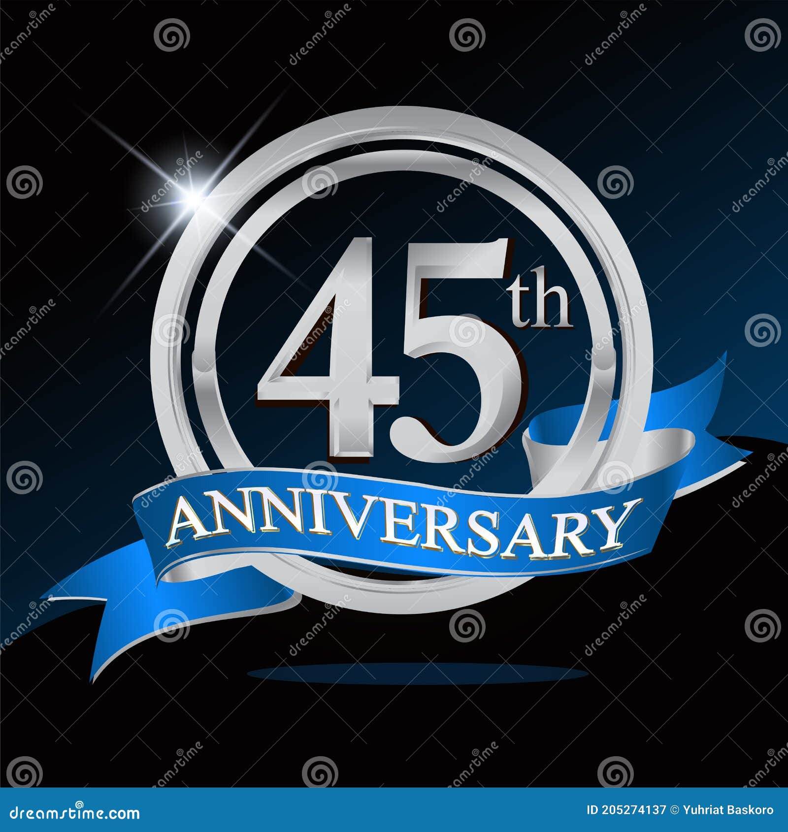 45th Anniversary Logo with Blue Ribbon and Silver Ring, Vector Template