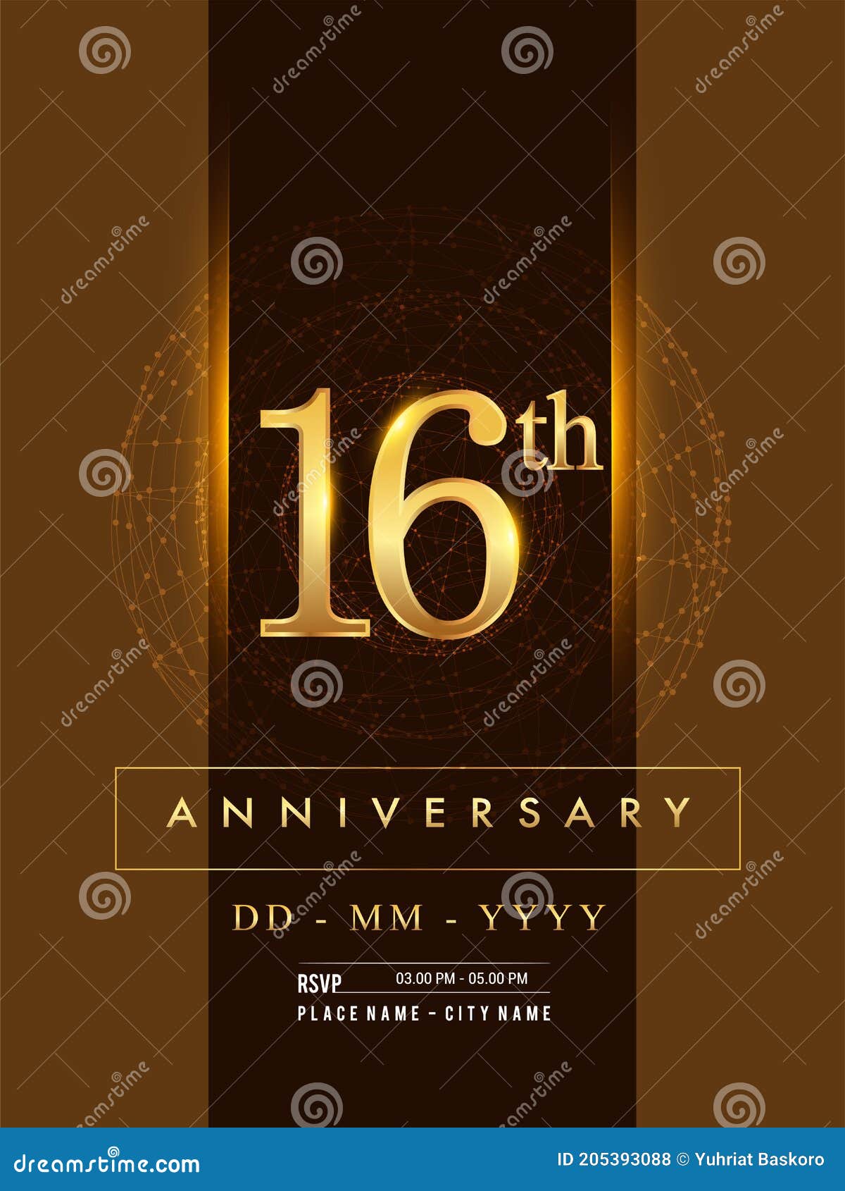 16th Anniversary Poster Design on Golden and Elegant Background, Vector  Design for Anniversary Celebration, Greeting Card and Stock Vector -  Illustration of glowing, decoration: 205393088