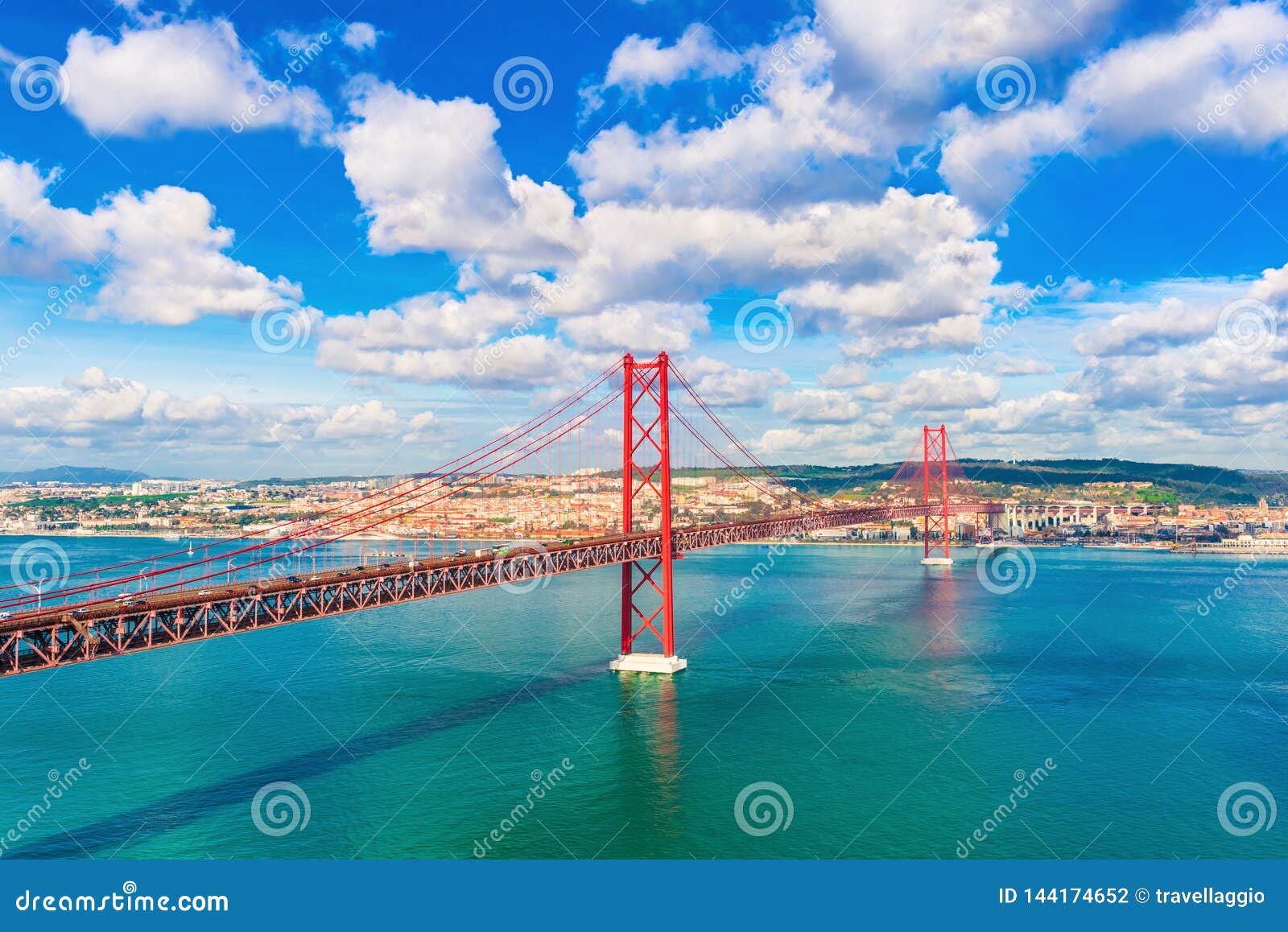 the 25th april bridge ponte 25 de abril between lisbon and almada, portugal. one of the longest suspension bridges in europe