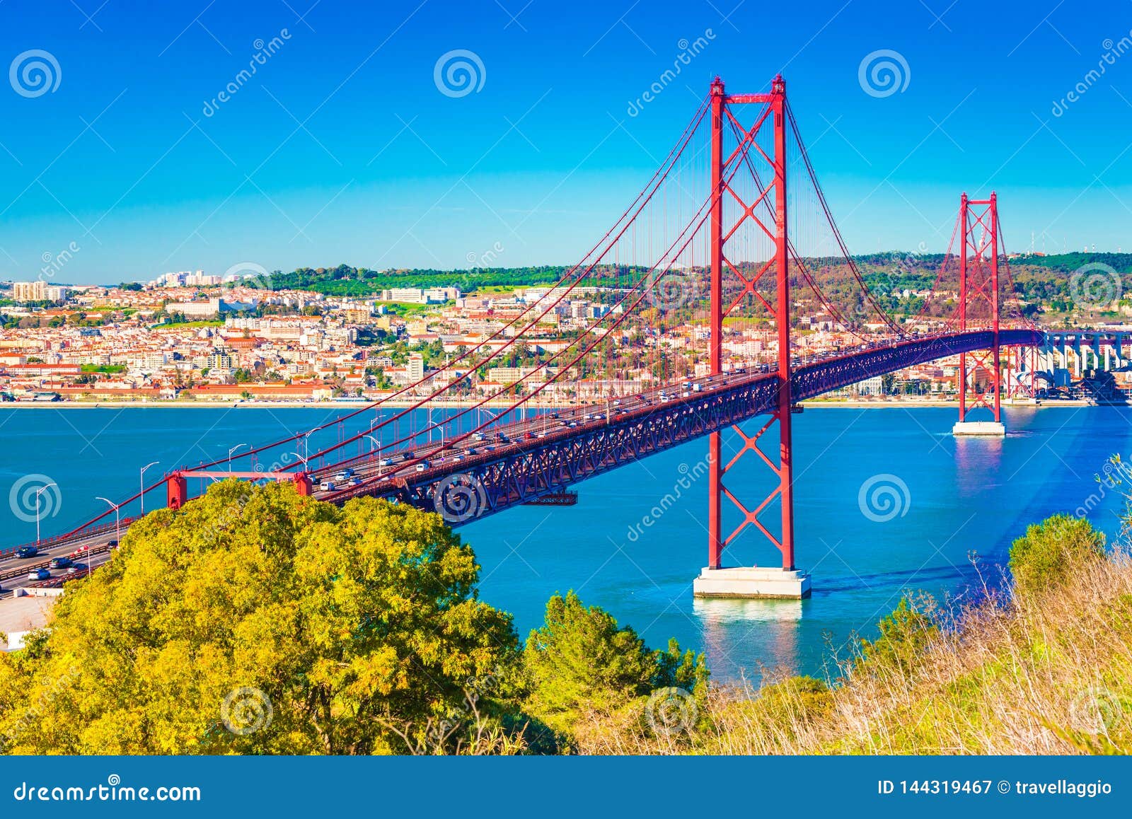 the 25th april bridge ponte 25 de abril in lisbon, portugal. view from almada