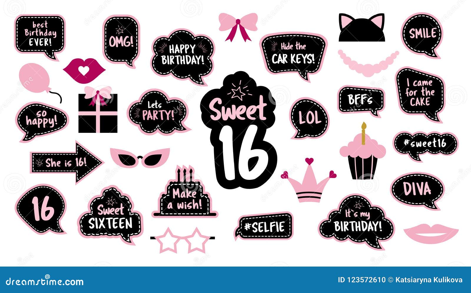 16th Birthday Photobooth Props Set For Sixteen Stock Vector Illustration Of Funny Design 123572610