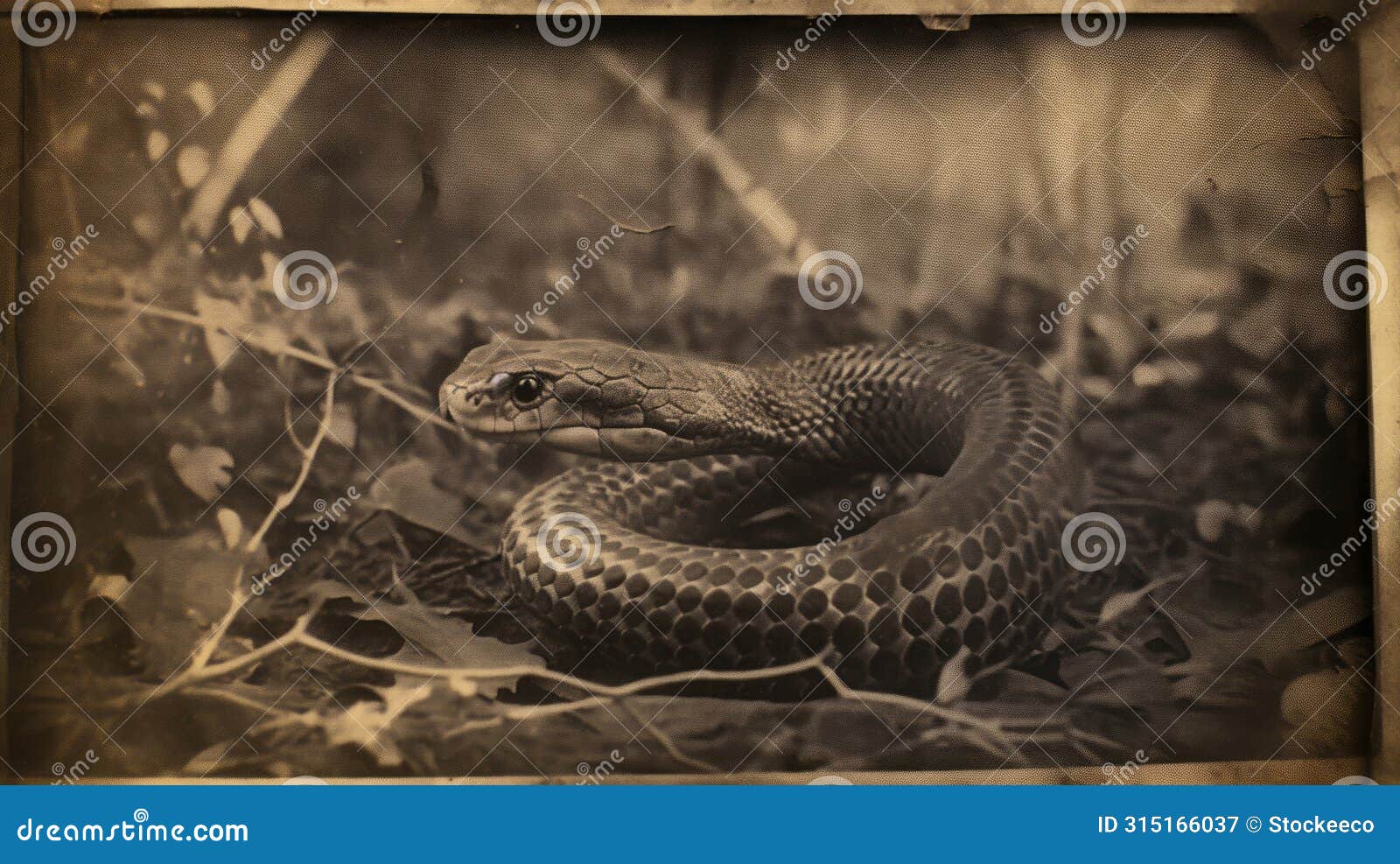 19th century calotype print: sepia snake photograph in the style of worthington whittredge