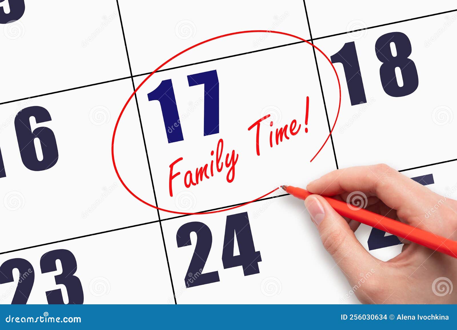 17th Day of the Month. Hand Writing Text FAMILY TIME and Circling the