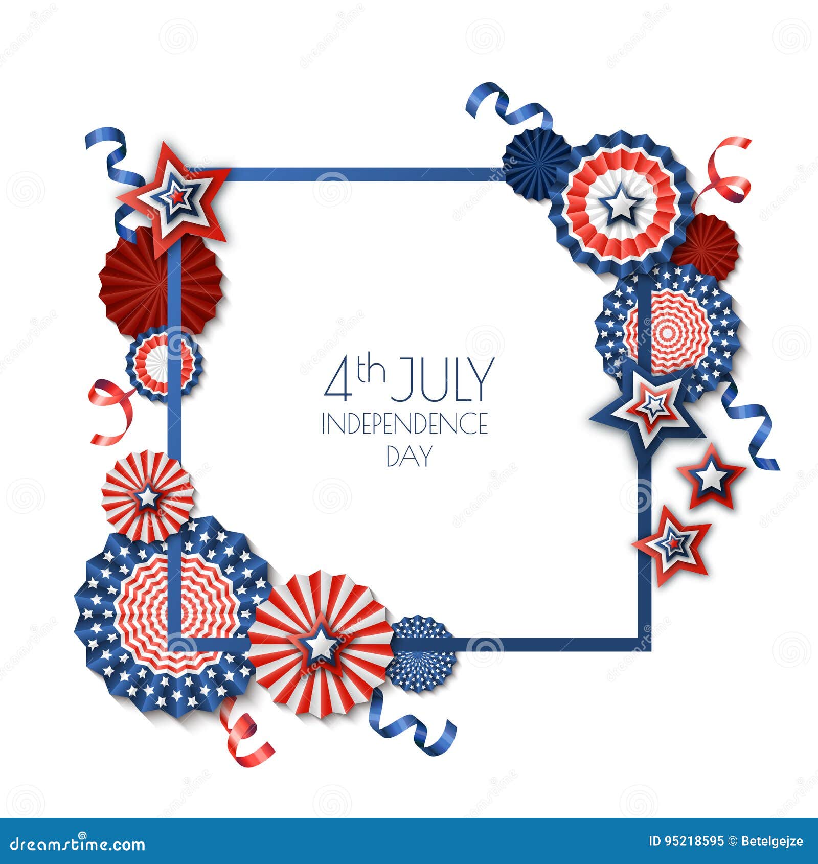 4th of july, usa independence day.  square frame  on white background. paper stars in usa flag colors.