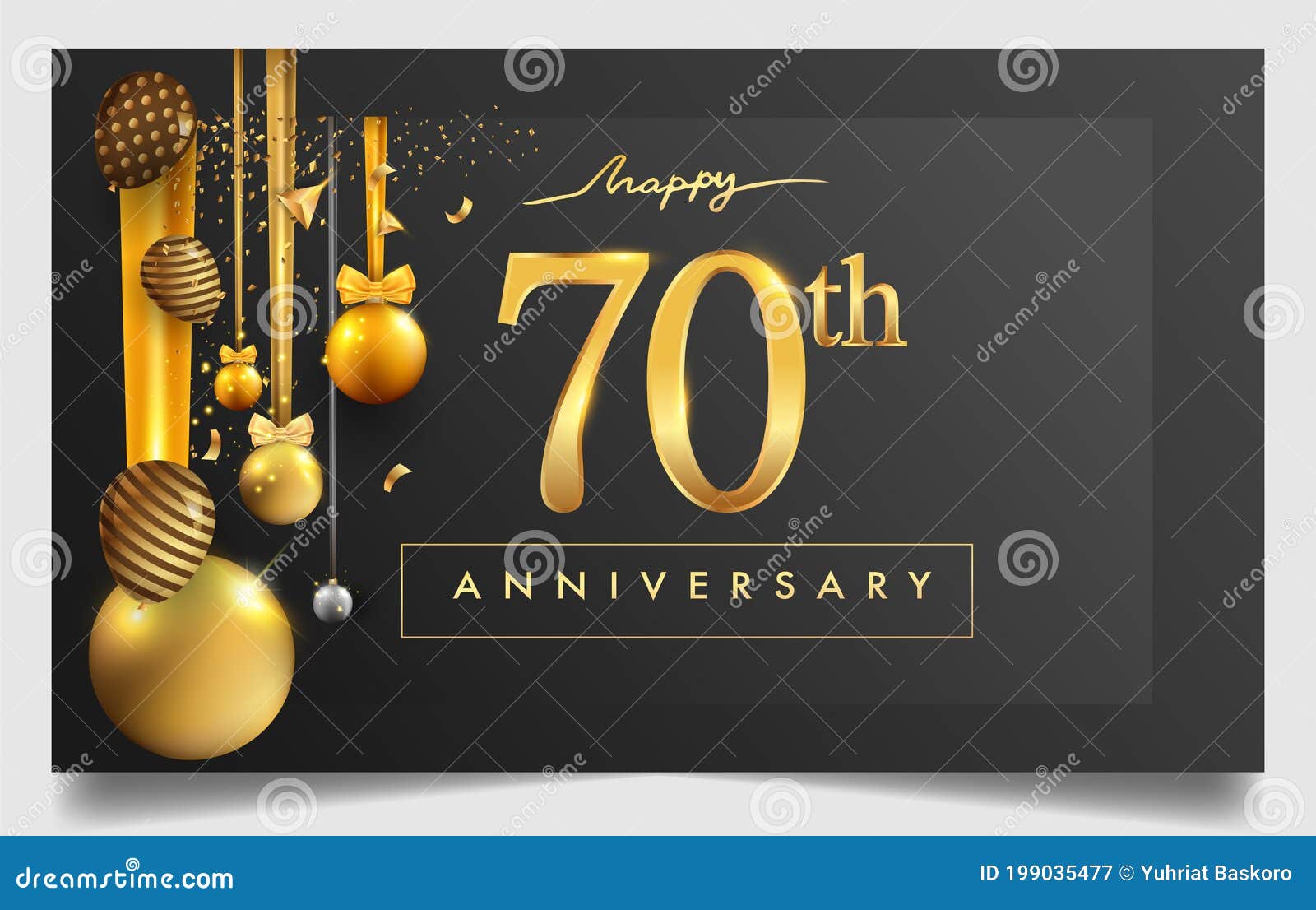 70th years anniversary  for greeting cards and invitation, with balloon, confetti and gift box, elegant  with gold and