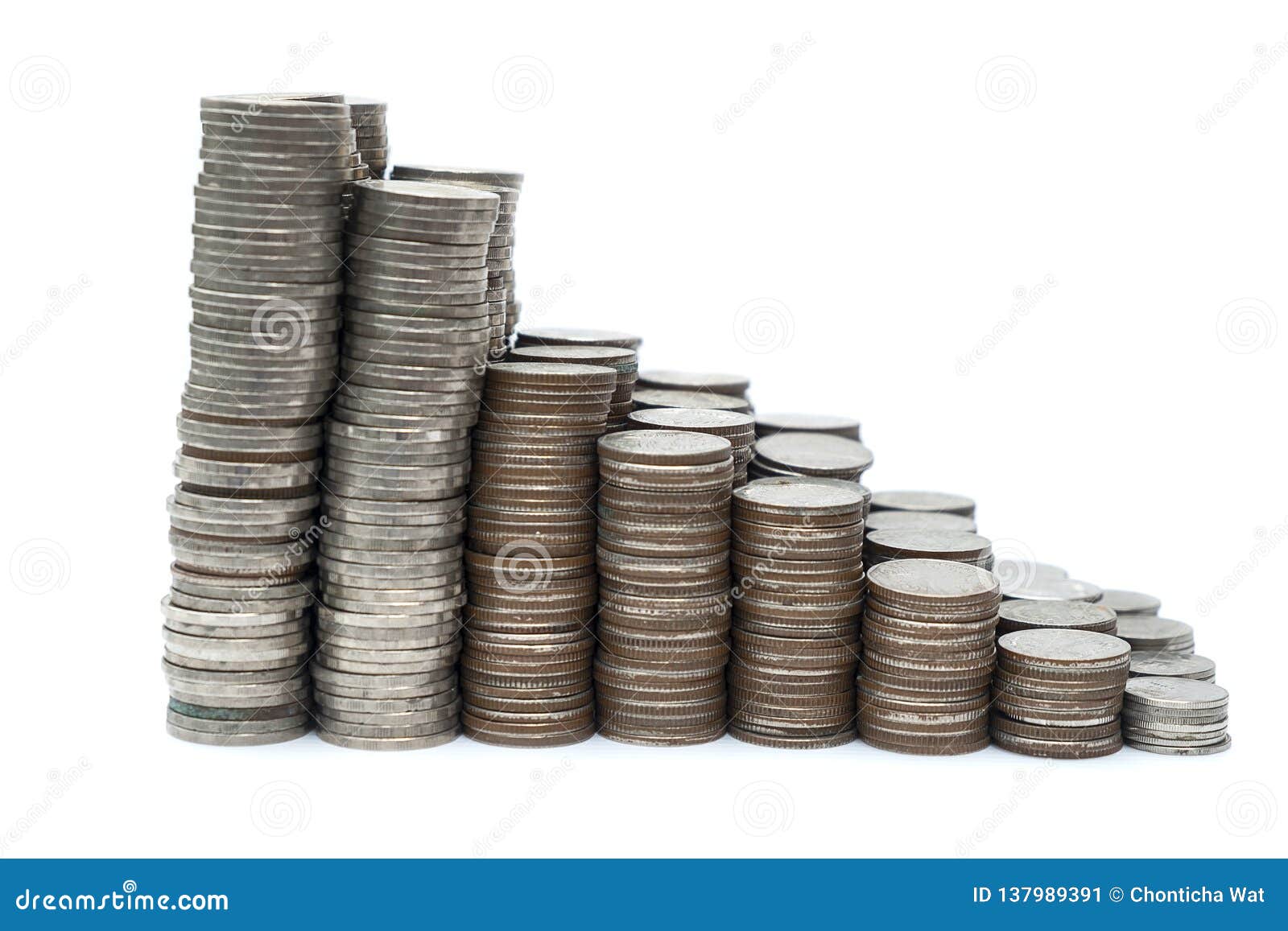 thai baht lots coin arranged in heart  on with white background texture, money stack for business planning investment and sav