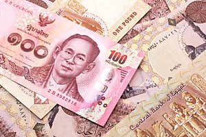 A Thai Baht Note With Egyptian One Pound Bank Notes Stock Image Image 