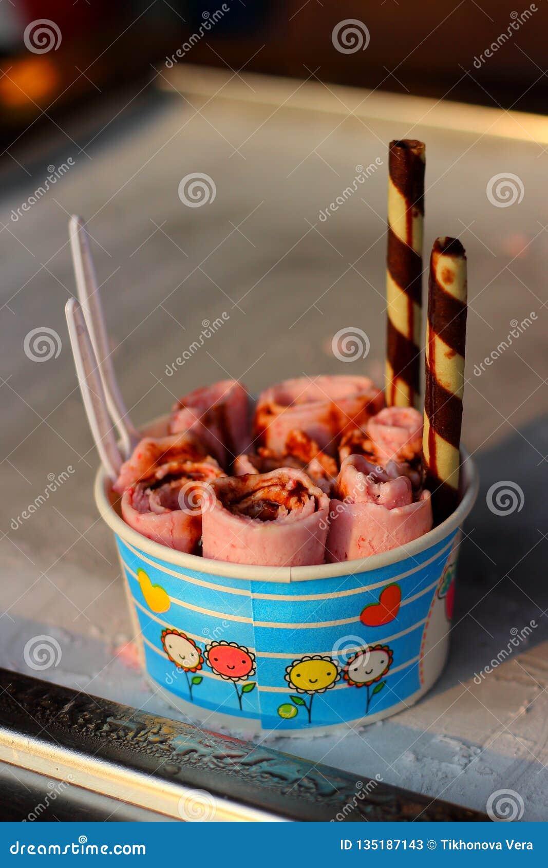 Thai Strawberry Stir Fried Ice Cream Stock Image Image Of