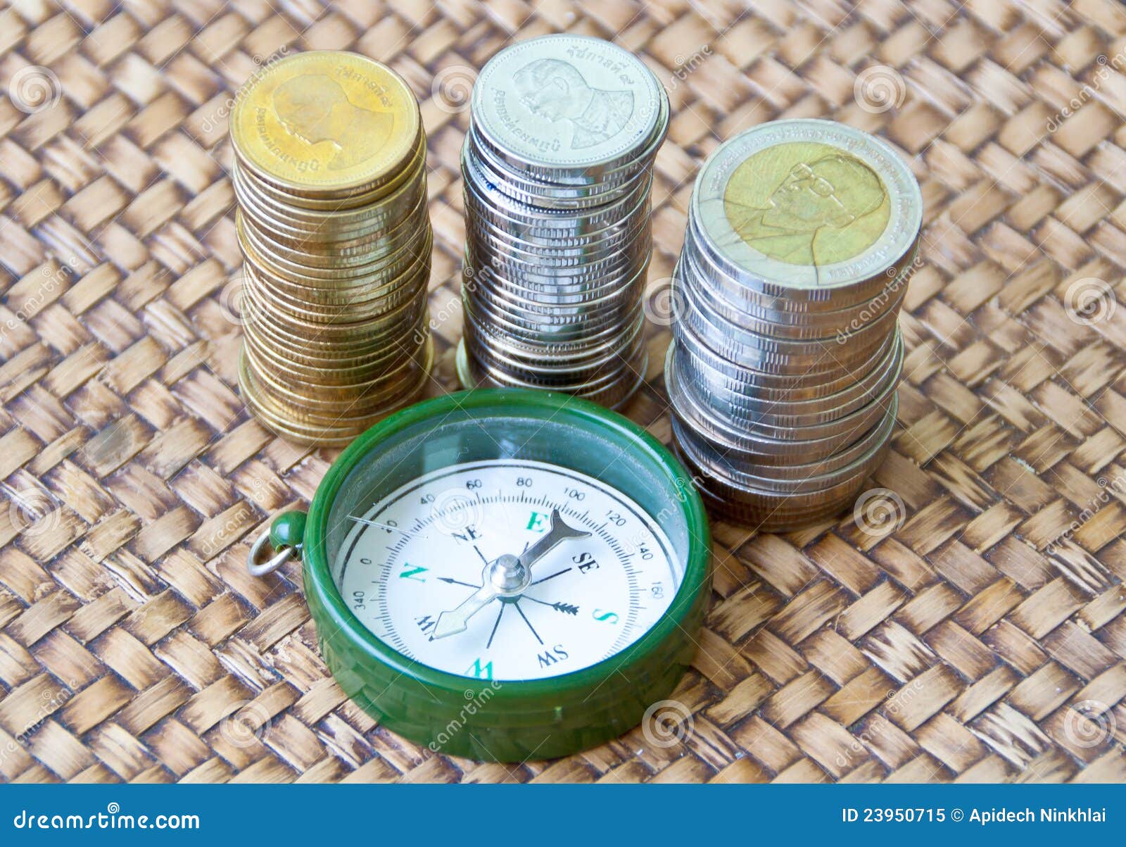 Thai Coins and a Compass on Wooden Table Stock Image Image of table