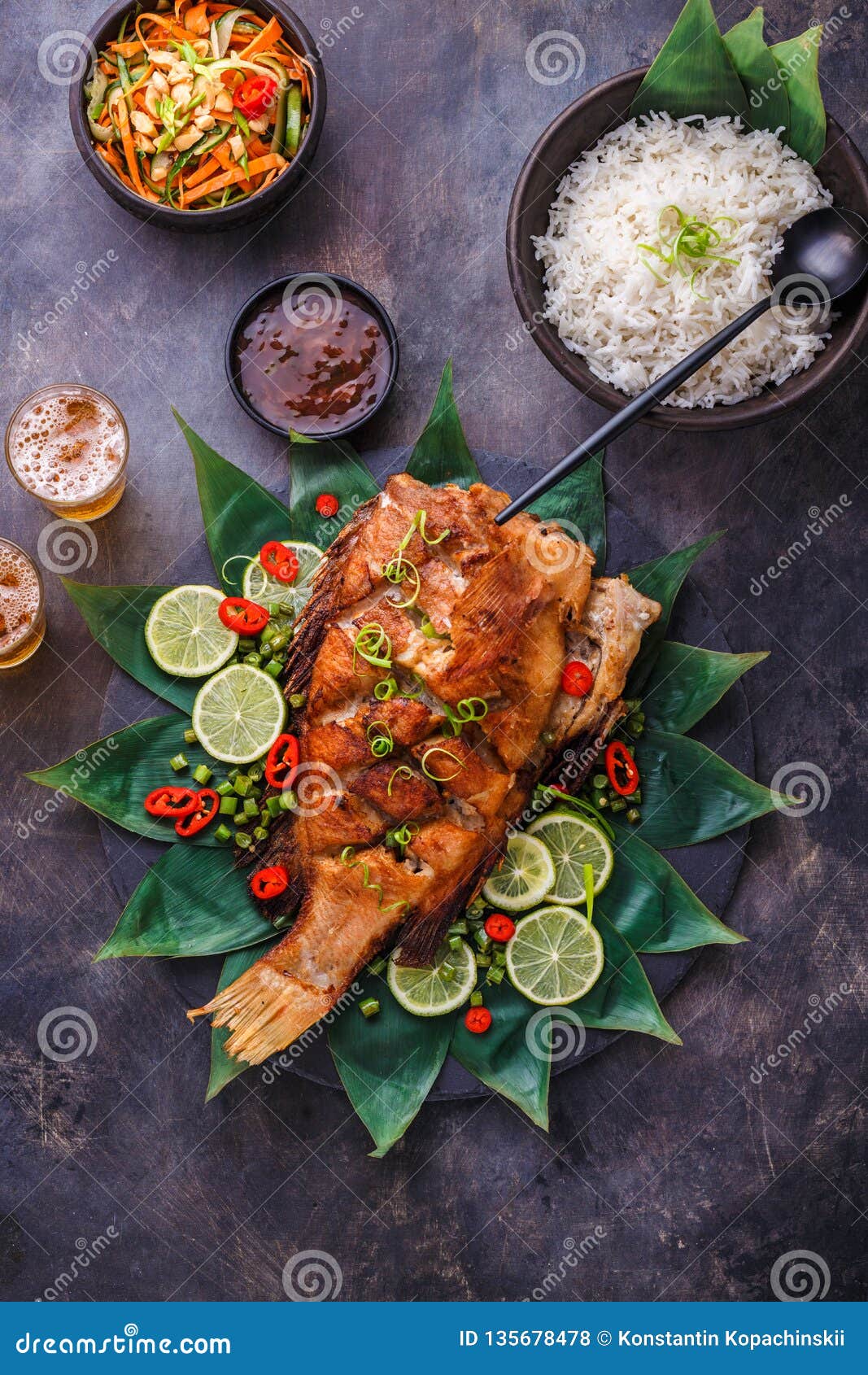 Thai Crispy Fish with Tamarind Sauce, Copy Space Stock Photo Image of