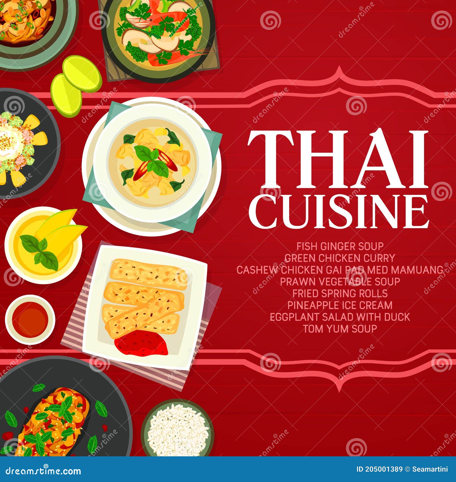 Thai Cuisine Vector Thailand Food Cartoon Poster Stock Vector -  Illustration of curry, exotic: 205001389