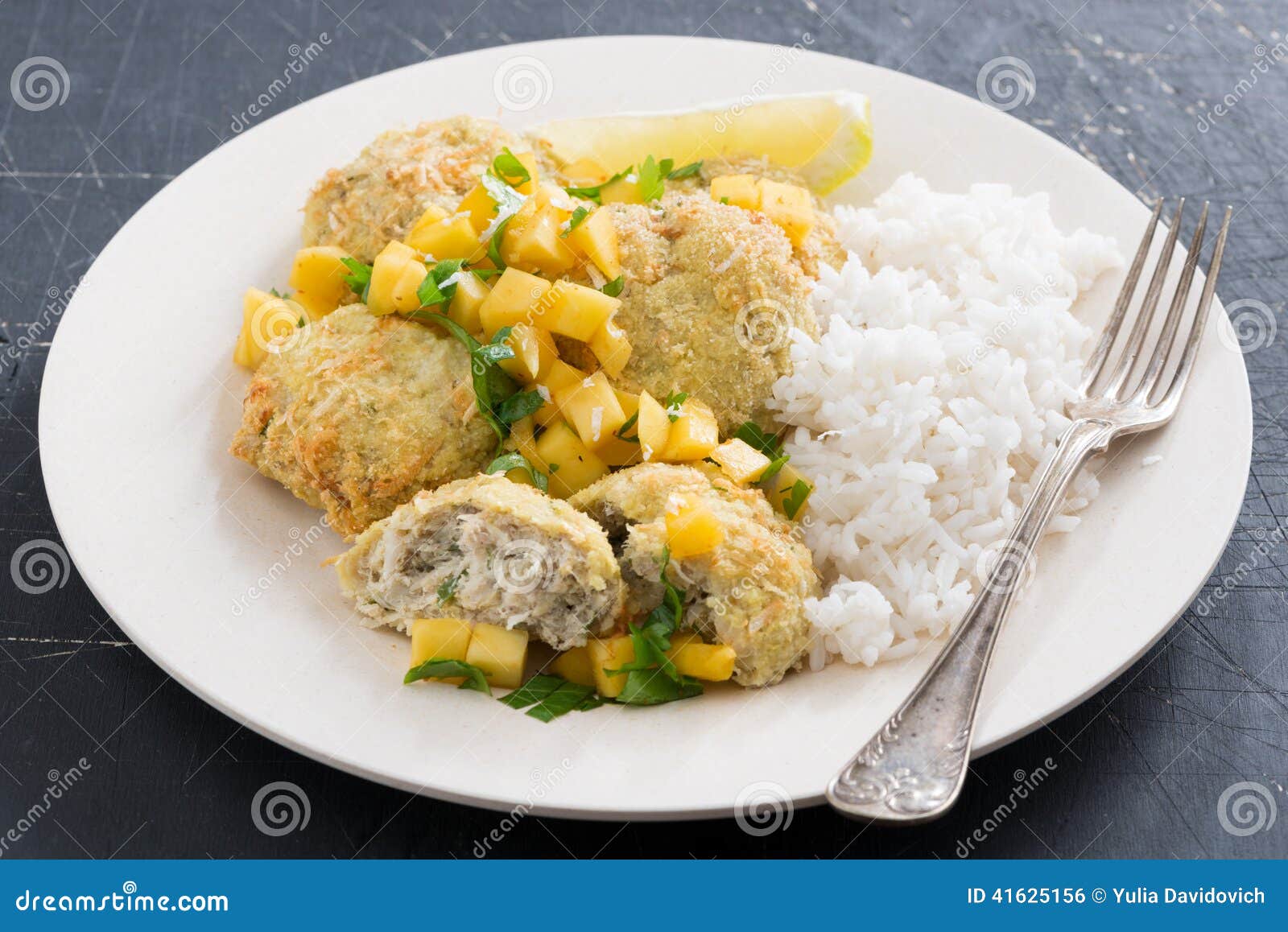 Thai Fish Cakes with Mango Salsa and White Rice Stock Photo Image of