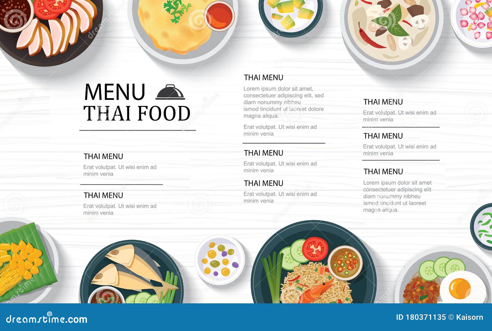 Thai Food Menu Restaurant on a White Wooden Table Top Template Background.  Use for Poster, Print, Flyer, Brochure Stock Vector - Illustration of  brochure, copy: 180371135