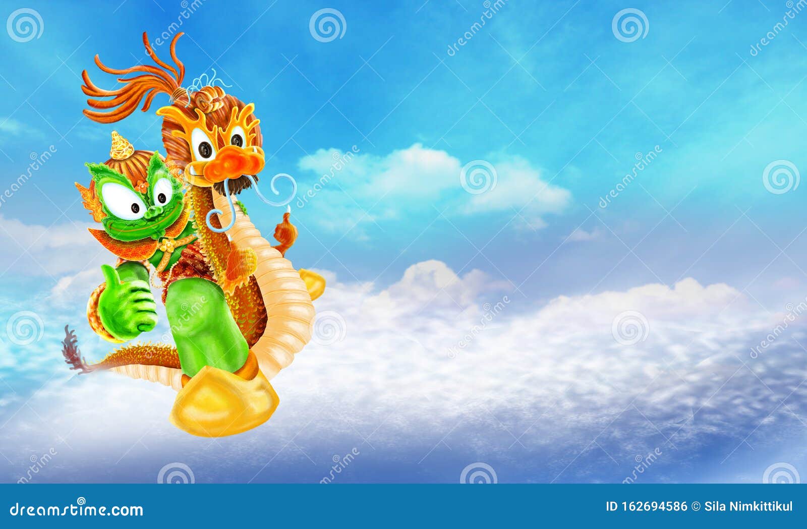Thai Giant Riding Dragon To Flying on the Skies Cartoon Character Design  Has Space Stock Illustration - Illustration of clound, full: 162694586