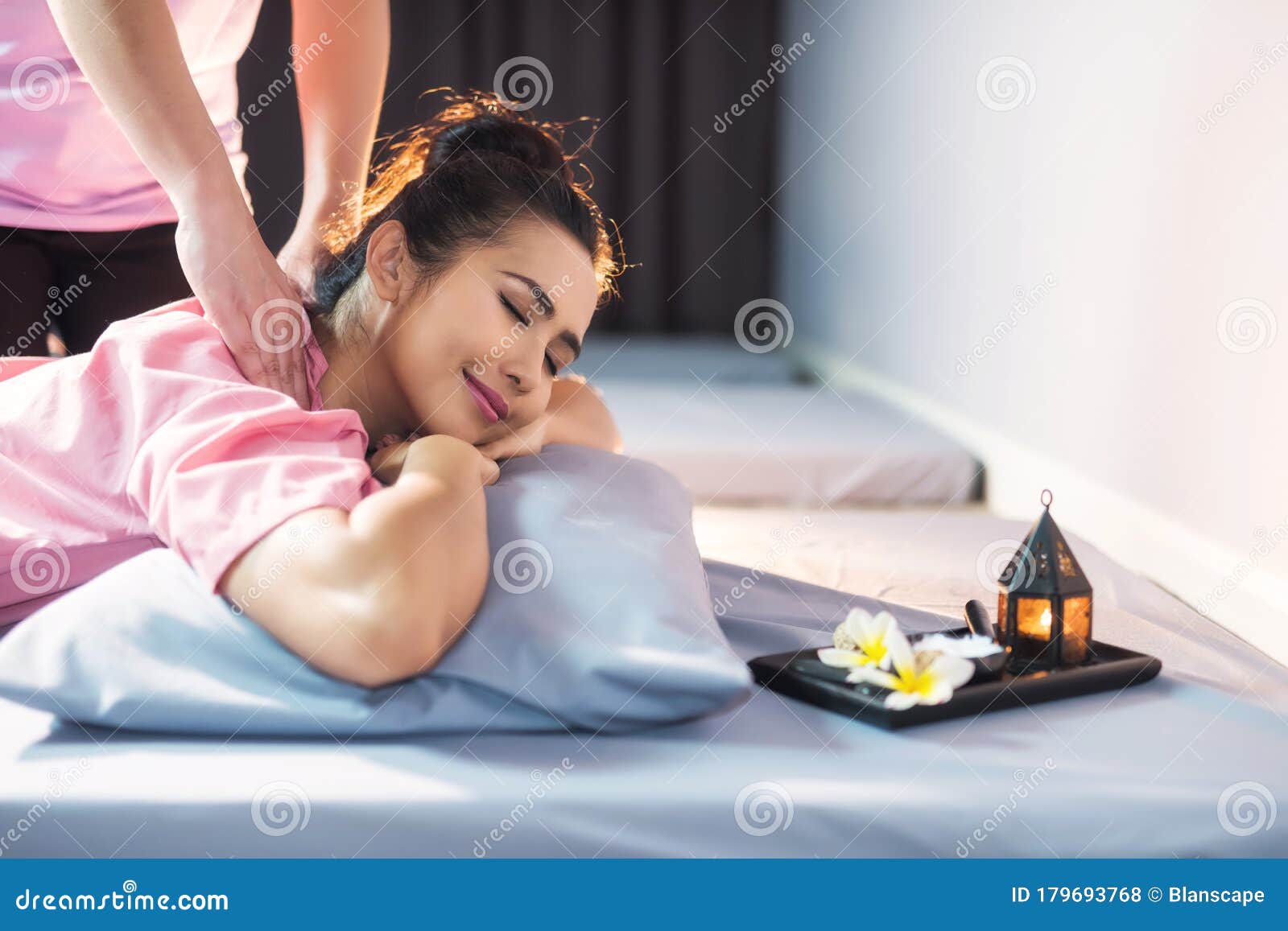 Thai massage on bed in spa stock photo. Image of aroma 179693768
