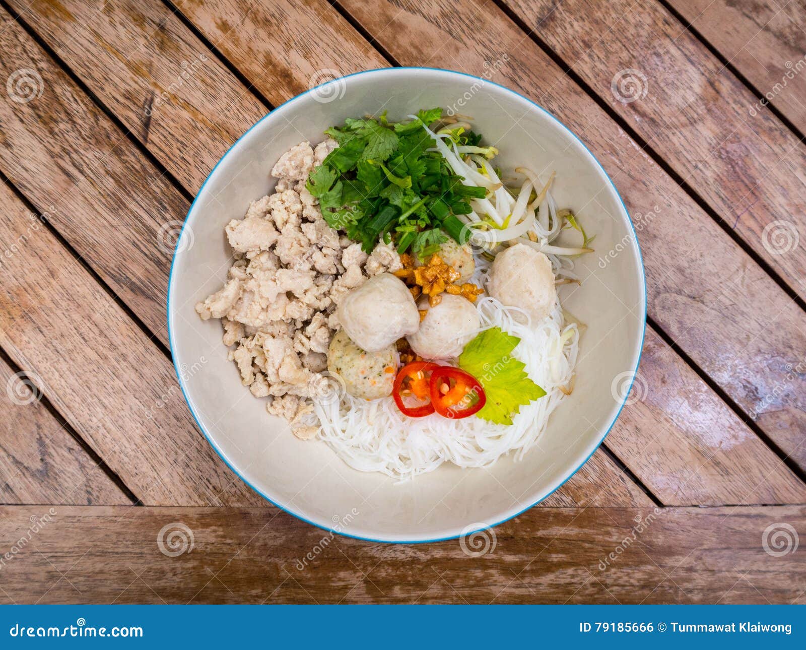 Thai Minced Chicken Noodle with Rice Vermicelli and Chicken Balls Stock