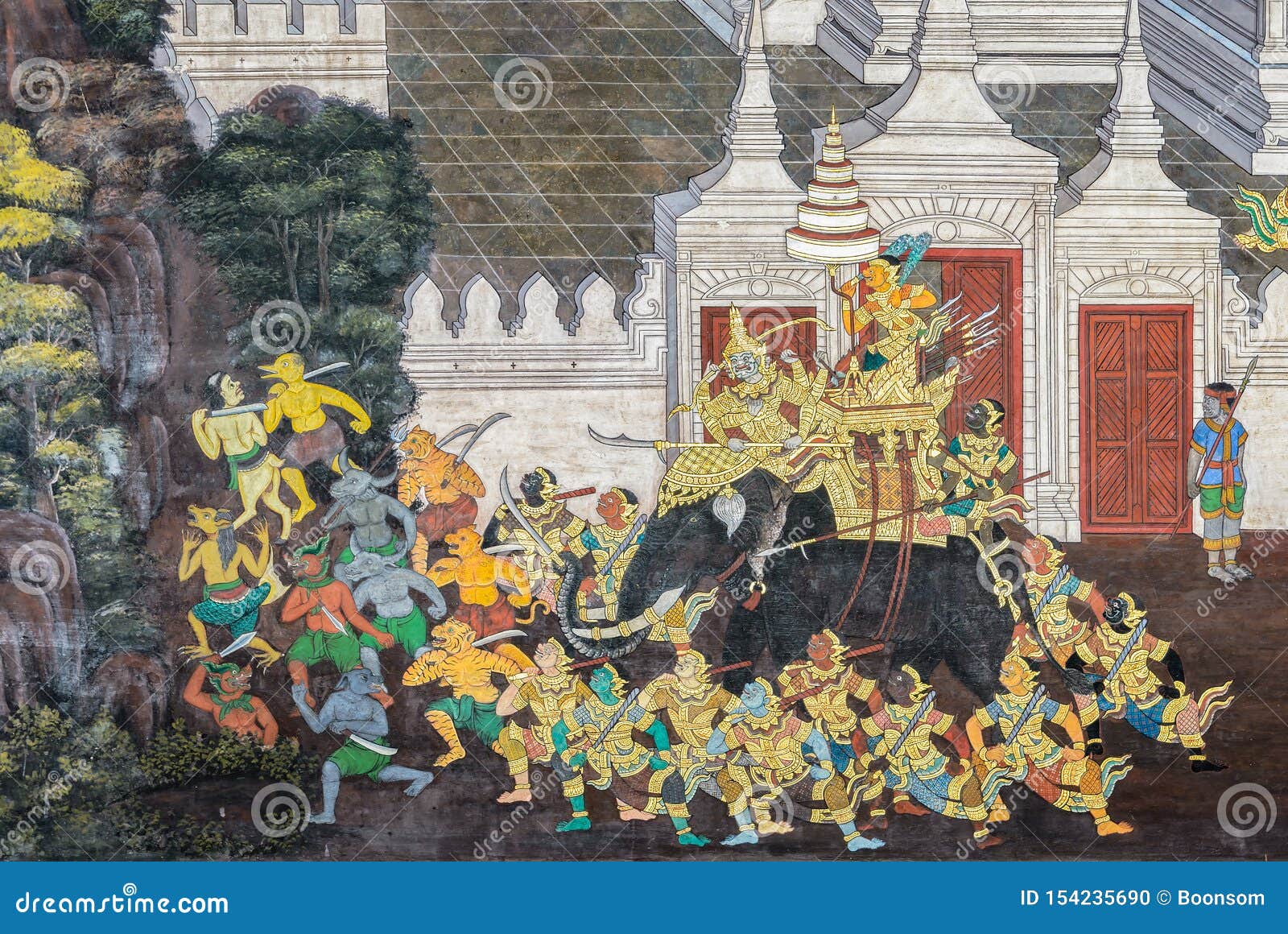 thai mural fresco of ramakien epic at the grand palace in bangkok, thailand