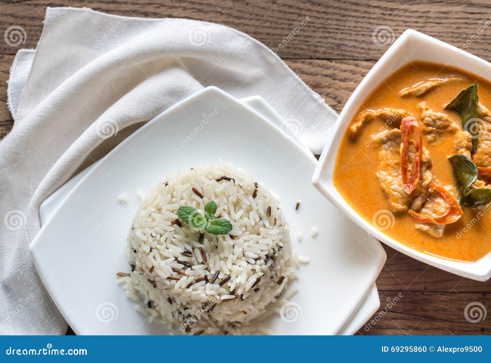 Thai Panang Curry with Bowl of White and Wild Rice Stock Photo - Image