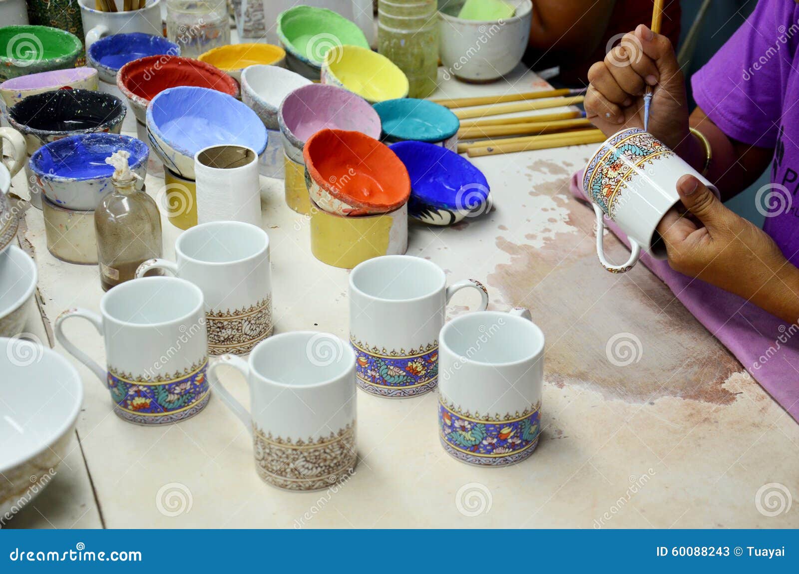 Thai People Woking Process Paint Ceramic Benjarong is Traditiona
