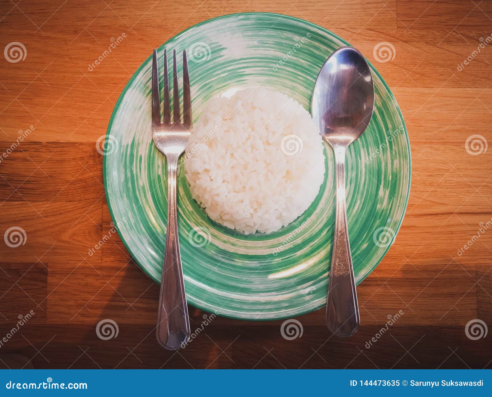 Thai Rice in Dish with Spoon and Fork Stock Image Image of green