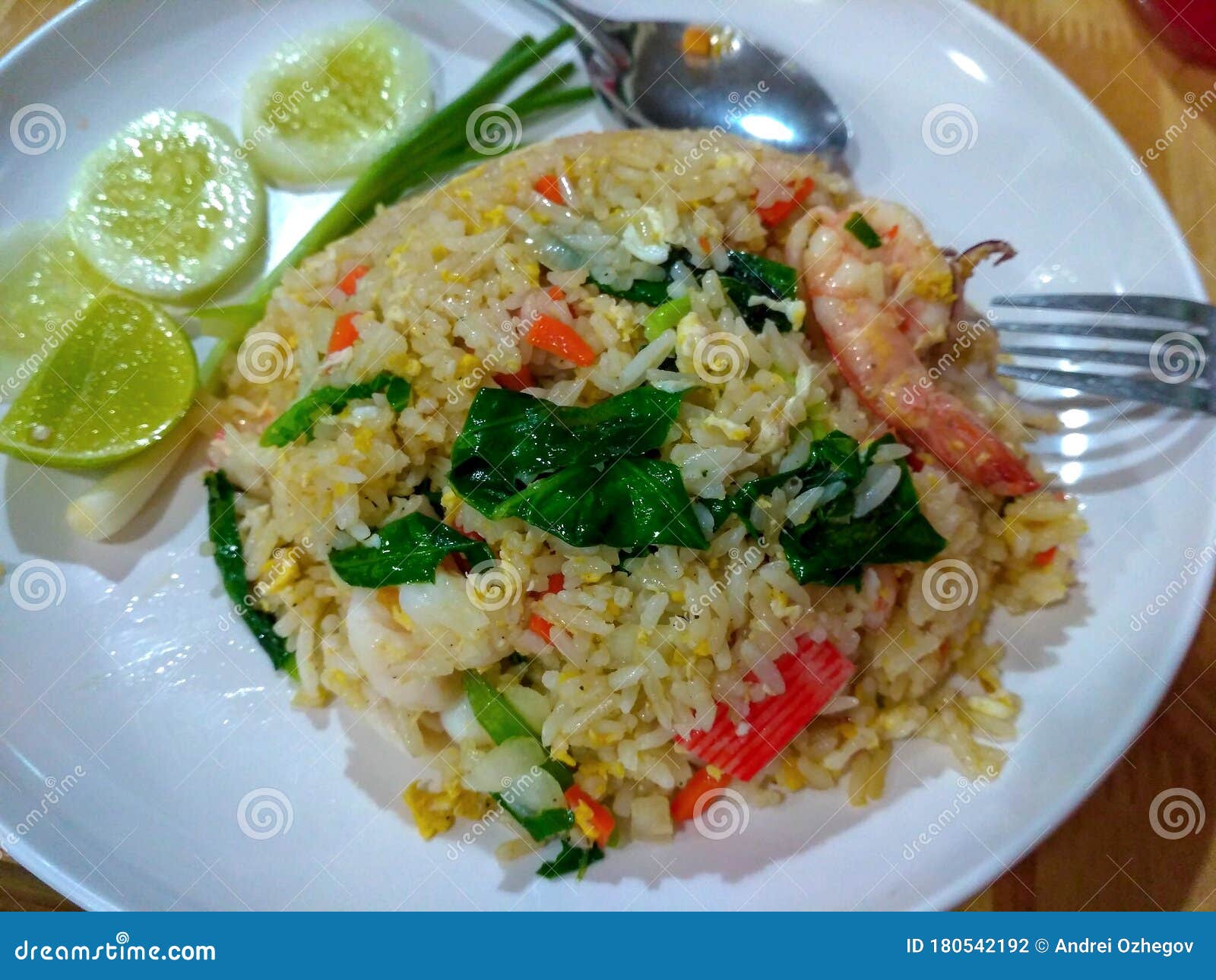 Thai Spicy Food Basil Shrimp Fried Rice Recipe Stock Photo - Image of