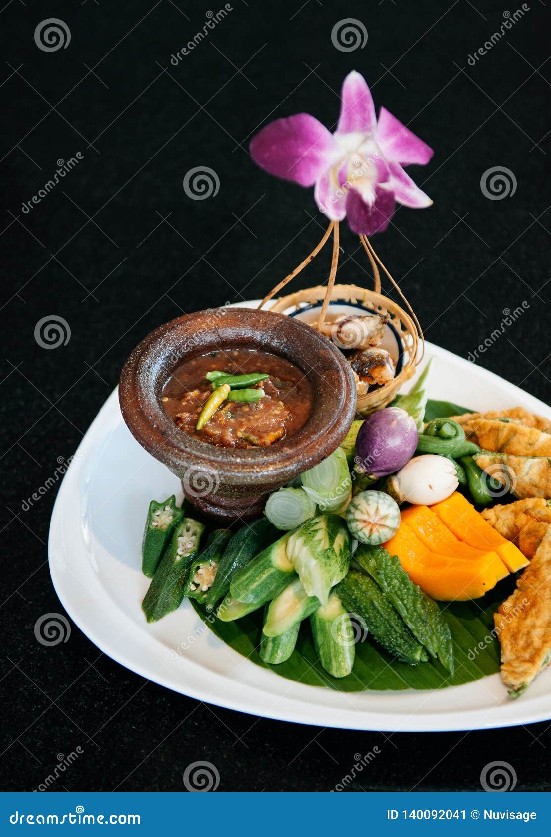 Thai Spicy Shrimp Paste Chili Dip with Vegetables and Fried Egg Stock