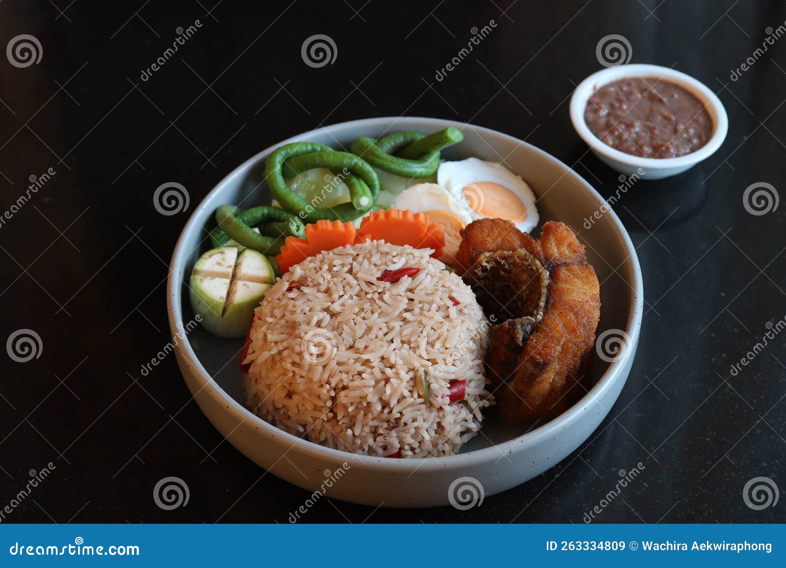 Thai Style Food, Fried Rice with Chili Paste with Mix Vegetable and Fried Fish Stock Image
