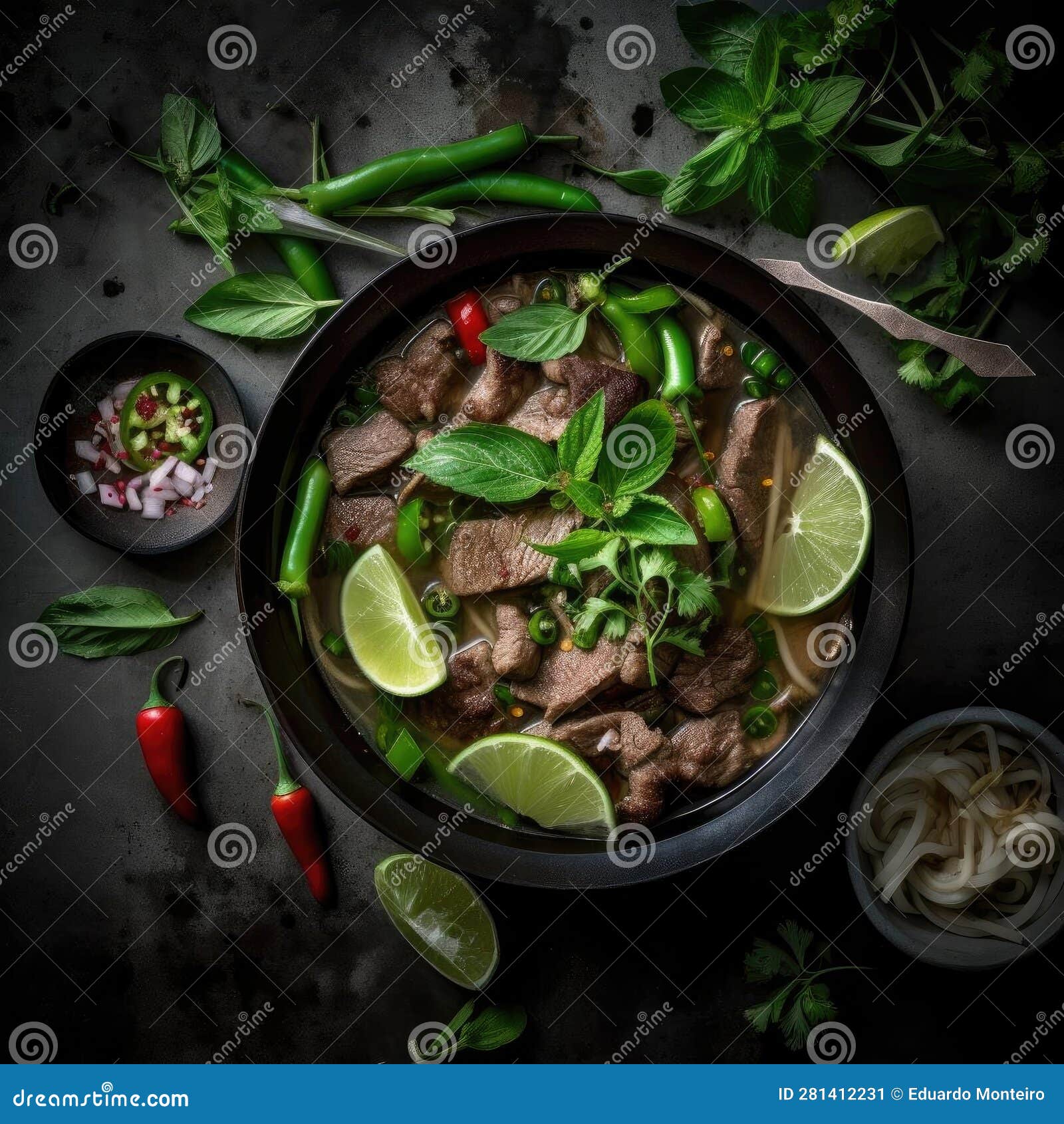 Thai Style Spicy Beef Soup with Lime and Herbs on Dark Background Stock