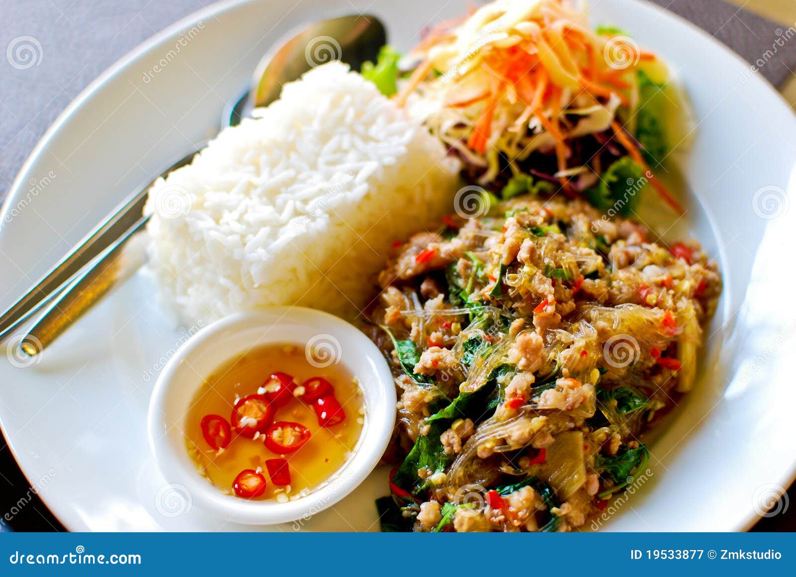 Thai Style Spicy Fried Pork with Rice Stock Image - Image of plate