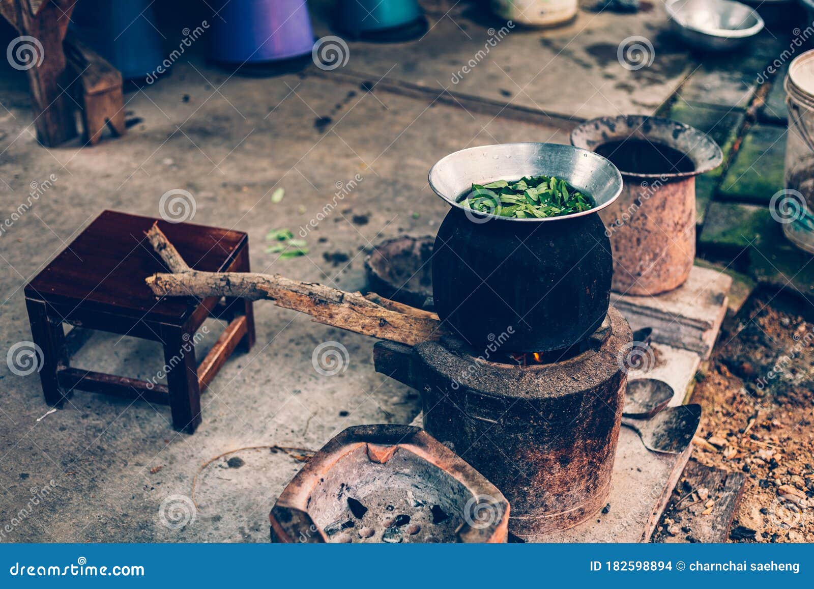 Thai Style To Make Softboiled Rice Charcoal To Cook Stock Photo